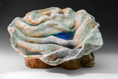 "River Landscape", textured ceramic in brilliant blues, greens and cream
