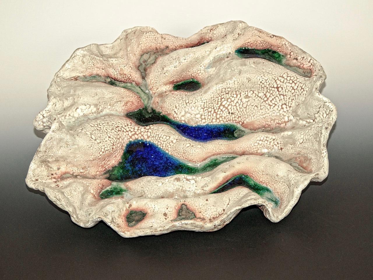 Allan Drossman Abstract Sculpture - "River Landscape", textured ceramic in brilliant blues, greens and cream