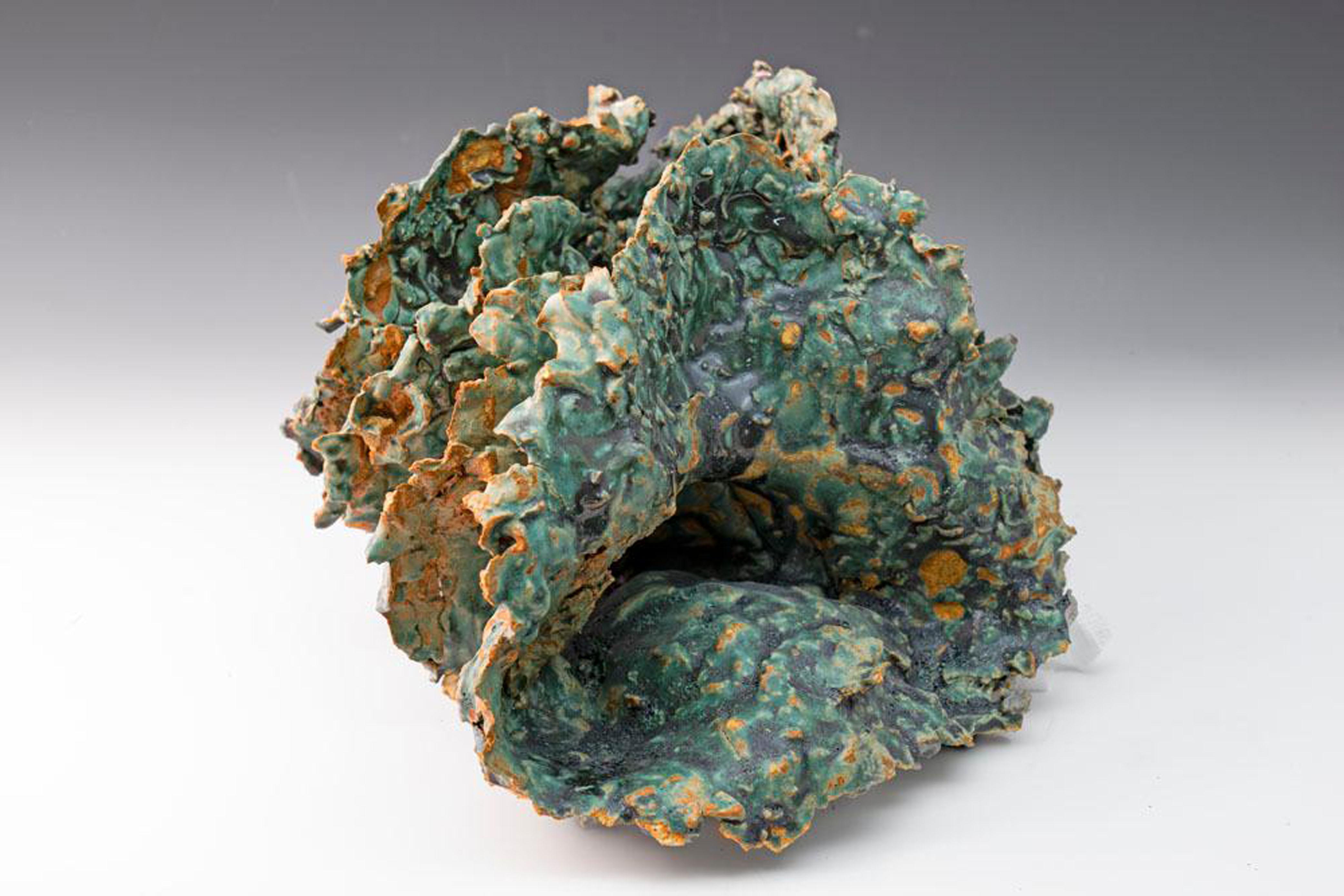 "Sea Creature 2", textured ceramic in blue greens, embodies essential clay - Sculpture by Allan Drossman
