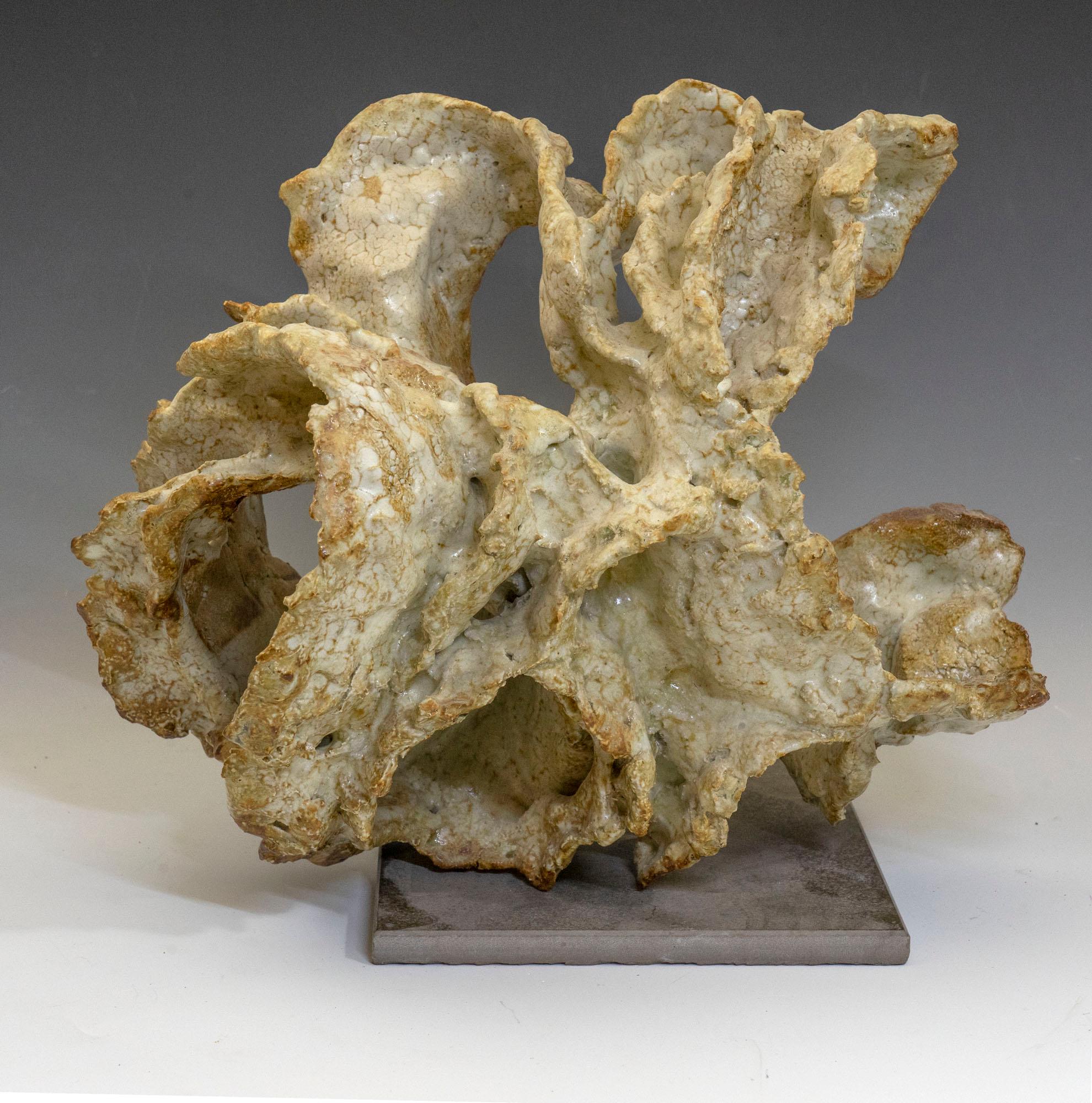 Allan Drossman Abstract Sculpture – "Sea Remains", celadon green glazed and textured ceramic embodies essential clay