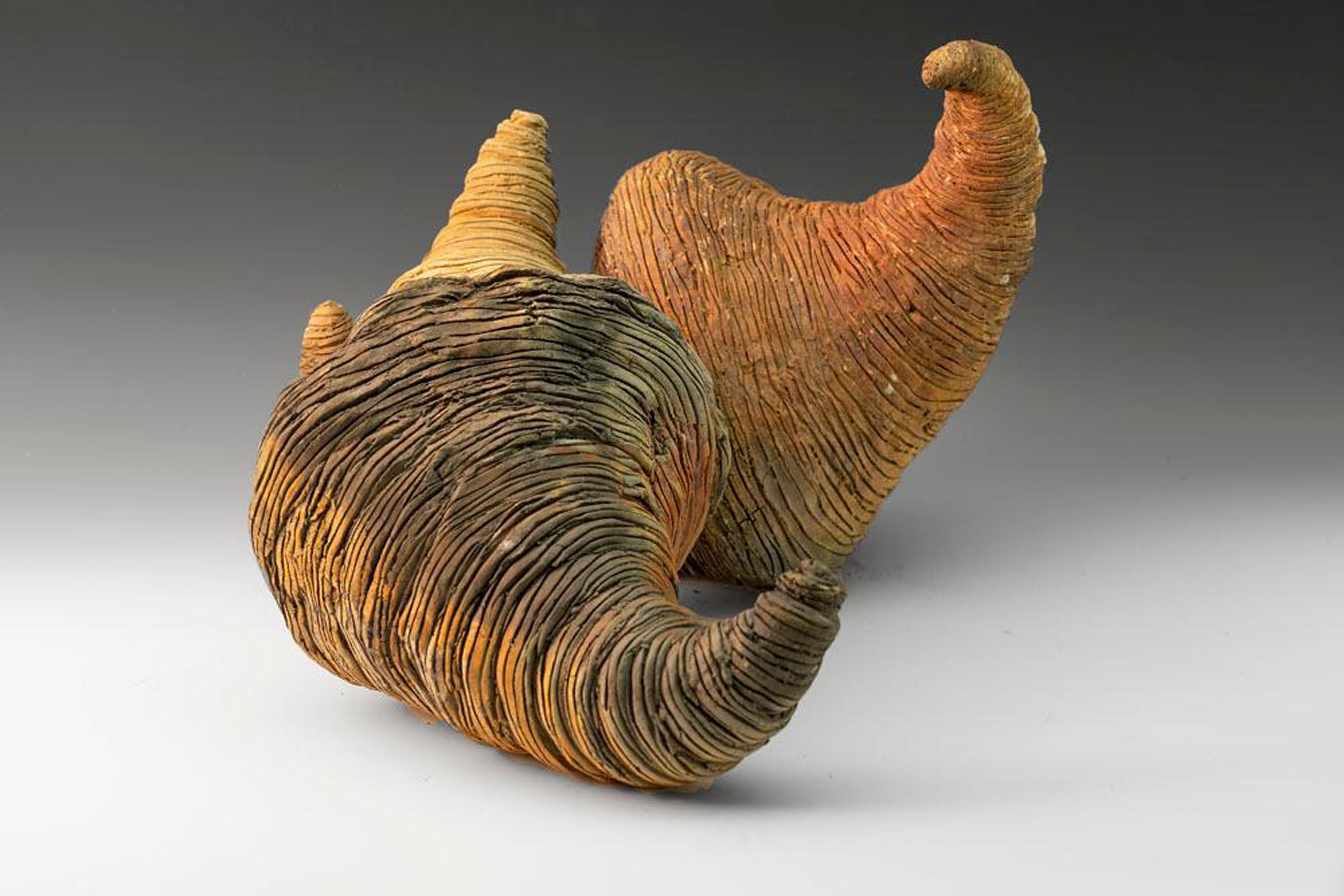 Allan Drossman Abstract Sculpture - "The Kiss",  textured ceramic in gold and reddish browns