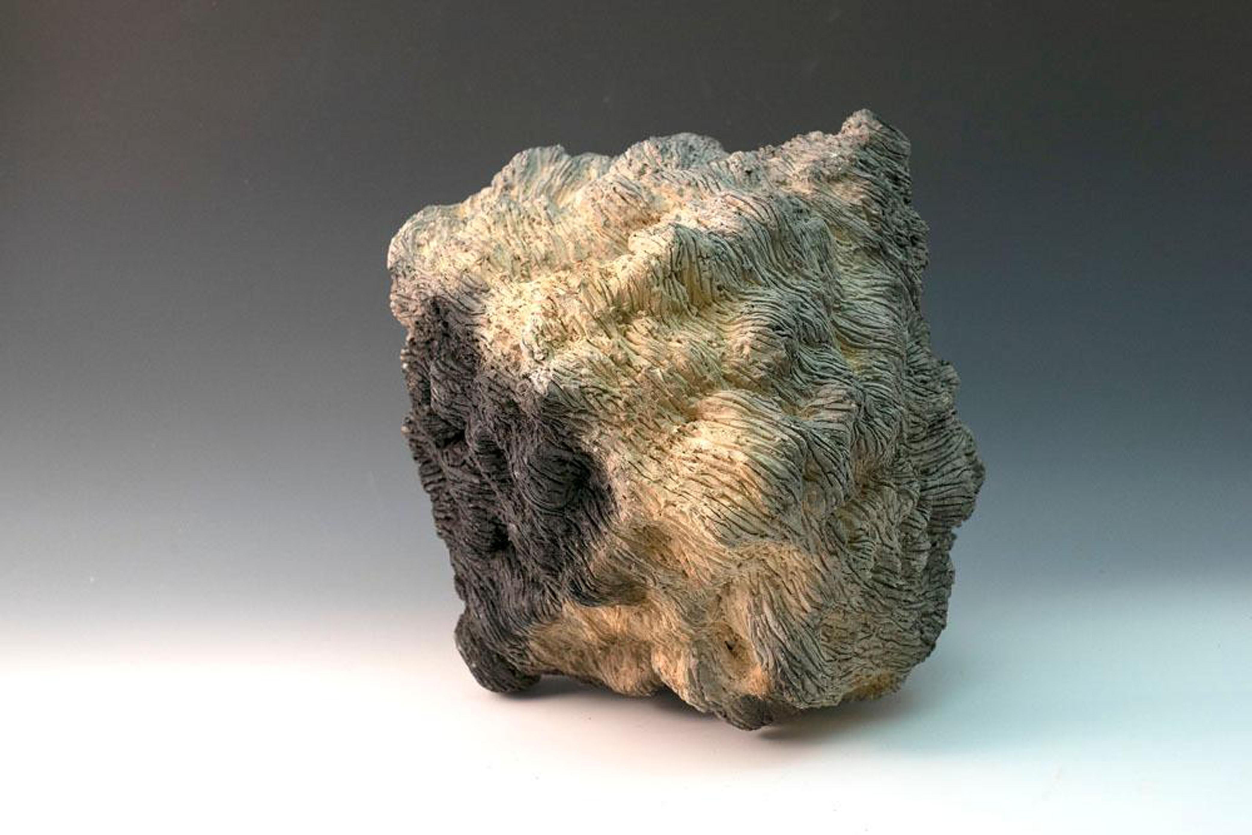 Allan Drossman Abstract Sculpture - "Woven Environment", textured ceramic in grays, embodies essential clay