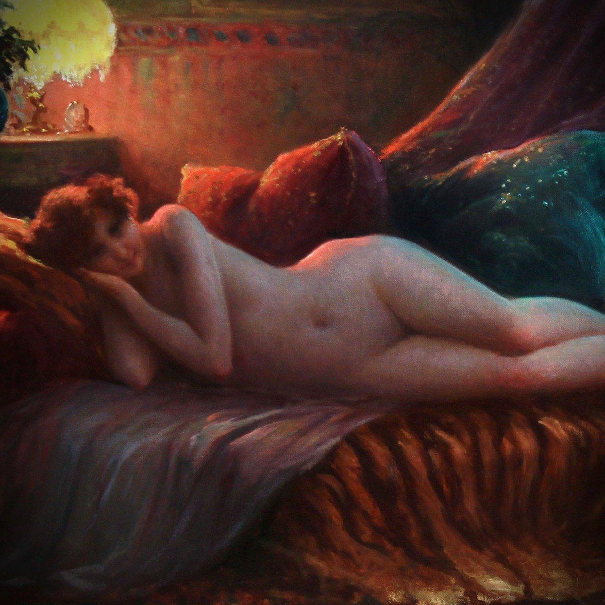 Reclining Nude On A Couch, Art Nouveau Signed Allan Gilbert American artist For Sale 1