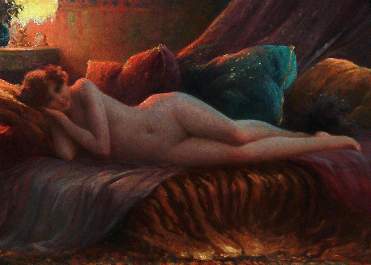 Reclining Nude On A Couch, Art Nouveau Signed Allan Gilbert American artist For Sale 2