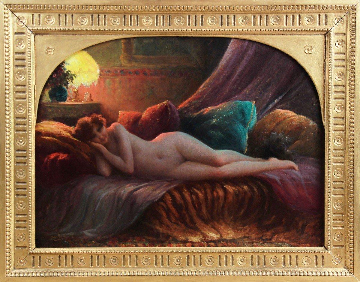 "Nude Lying On A Couch, Art Nouveau Signed "Allan Gilbert"
Charles Allan Gilbert (September 3, 1873 - April 20, 1929), better known as C. Allan Gilbert, was a prominent American illustrator.
He is particularly remembered for a widely published
