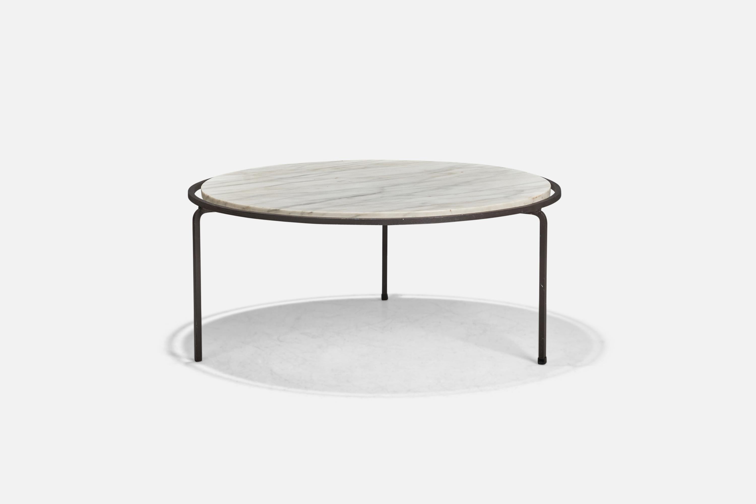 A carrara marble and black-painted iron coffee table designed by Allan Gould and produced by Reilly-Wolff Associates, USA, 1950s.

