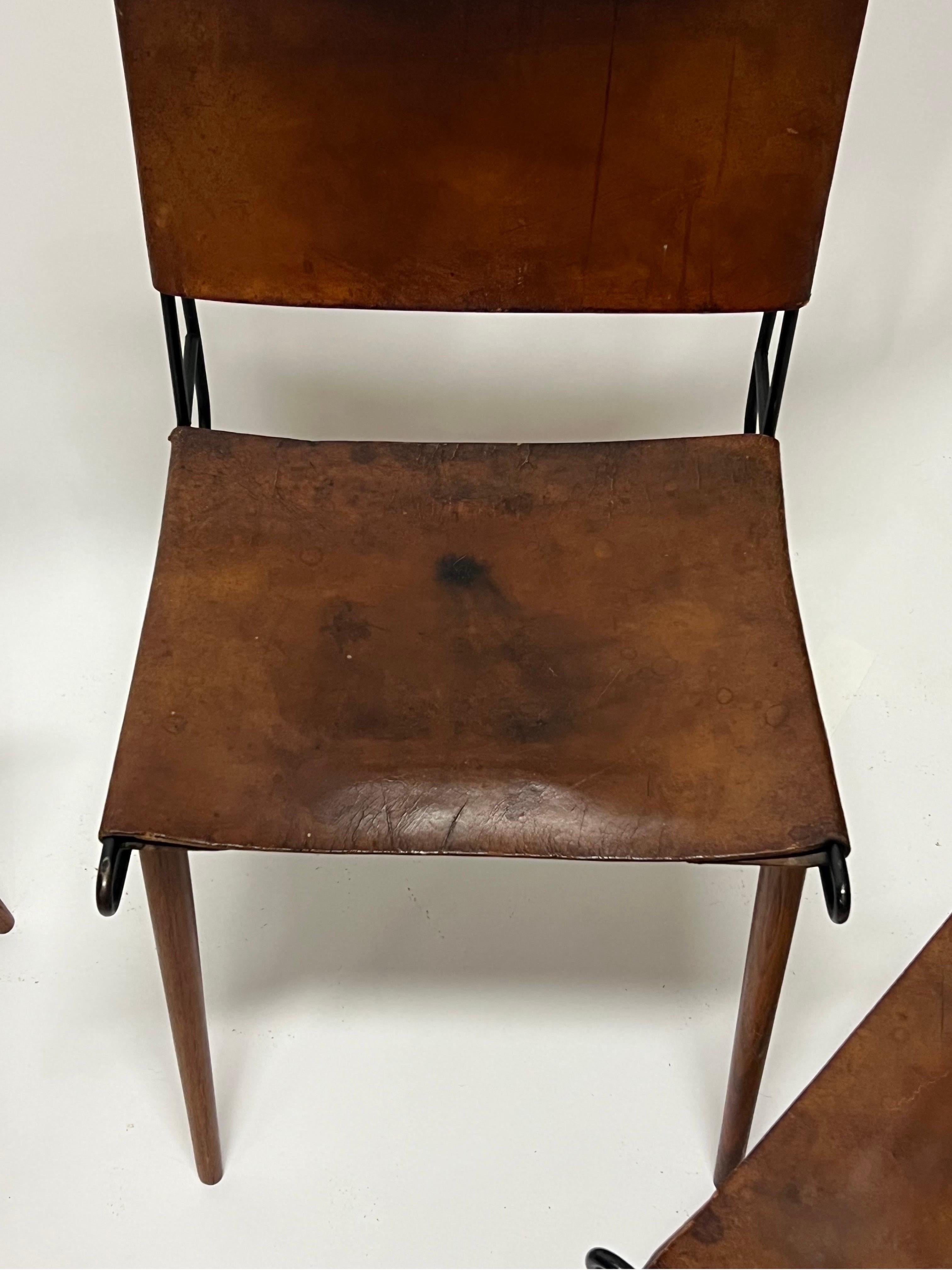 Allan Gould Iron & Leather Dowel Leg Chairs, circa 1950s 5