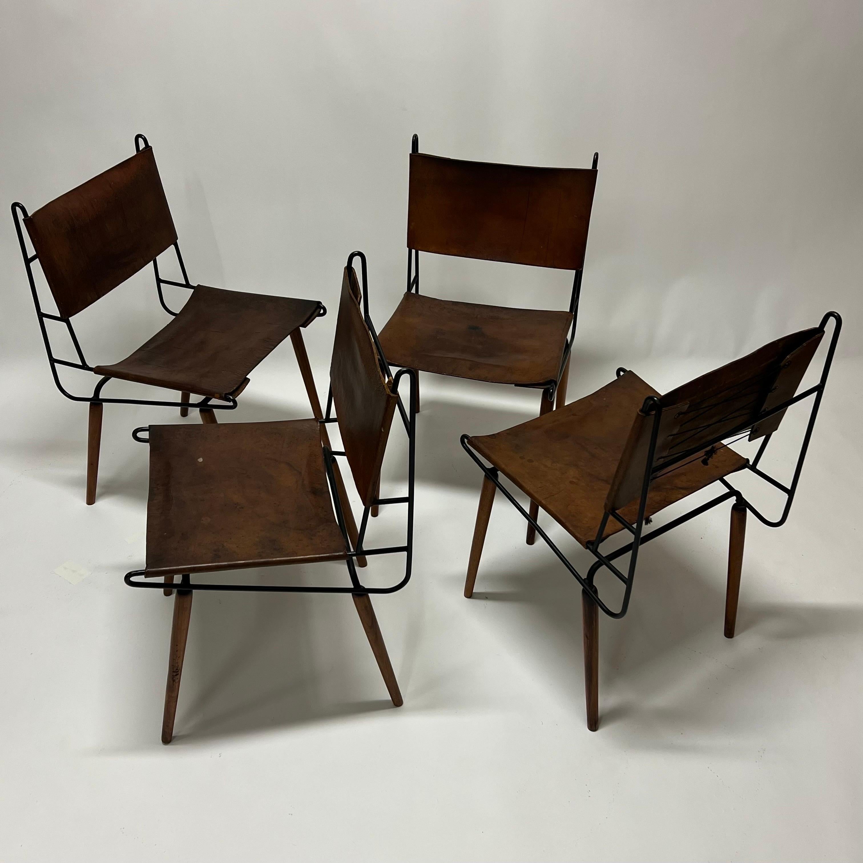 Allan Gould Iron & Leather Dowel Leg Chairs, circa 1950s 6