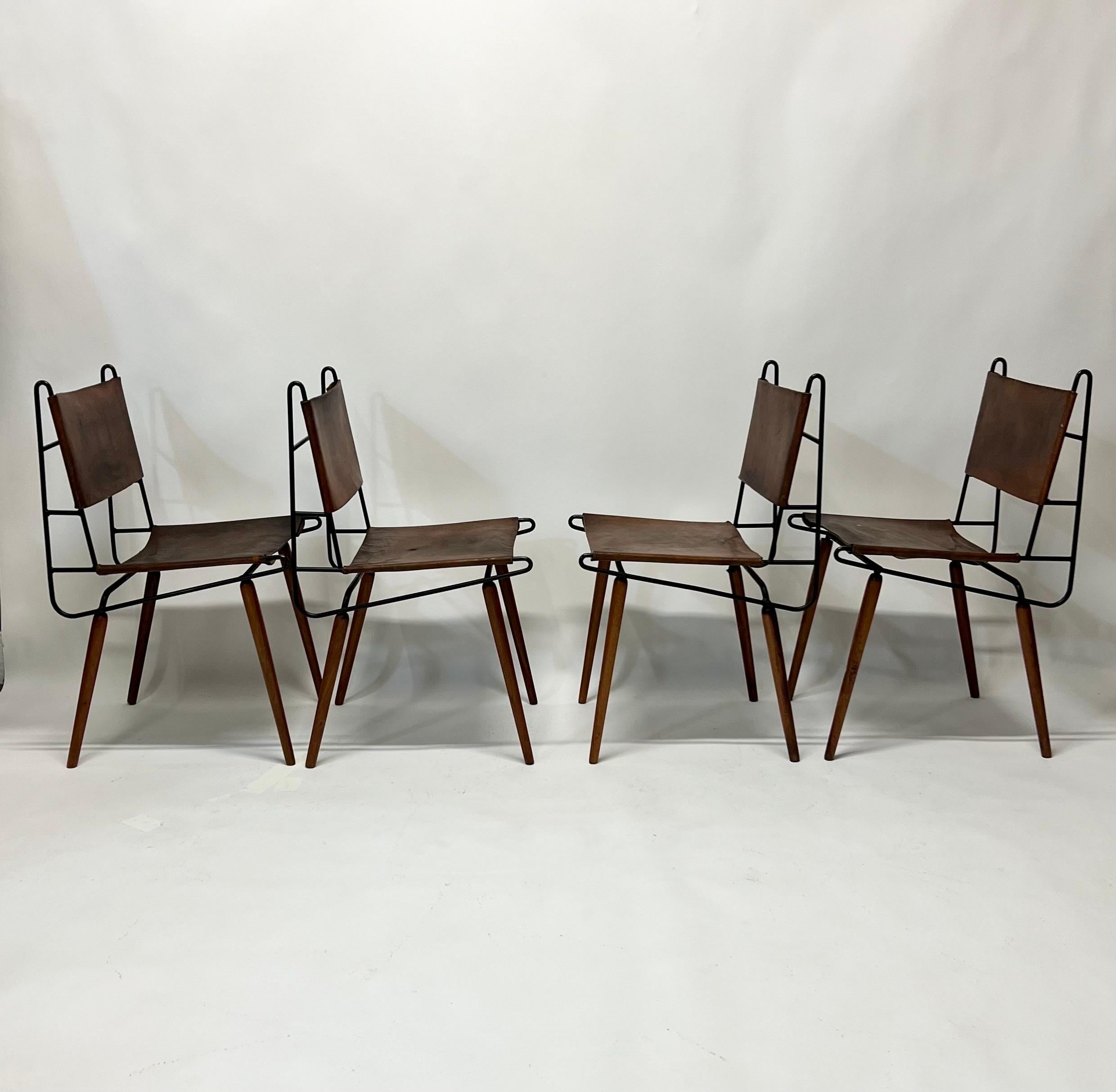 Mid-Century Modern Allan Gould Iron & Leather Dowel Leg Chairs, circa 1950s