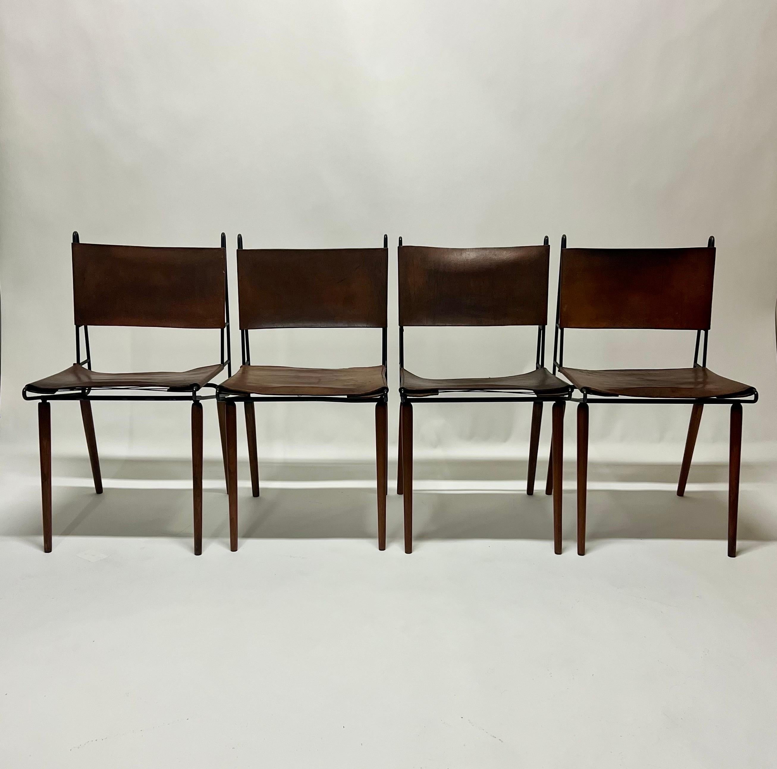 American Allan Gould Iron & Leather Dowel Leg Chairs, circa 1950s