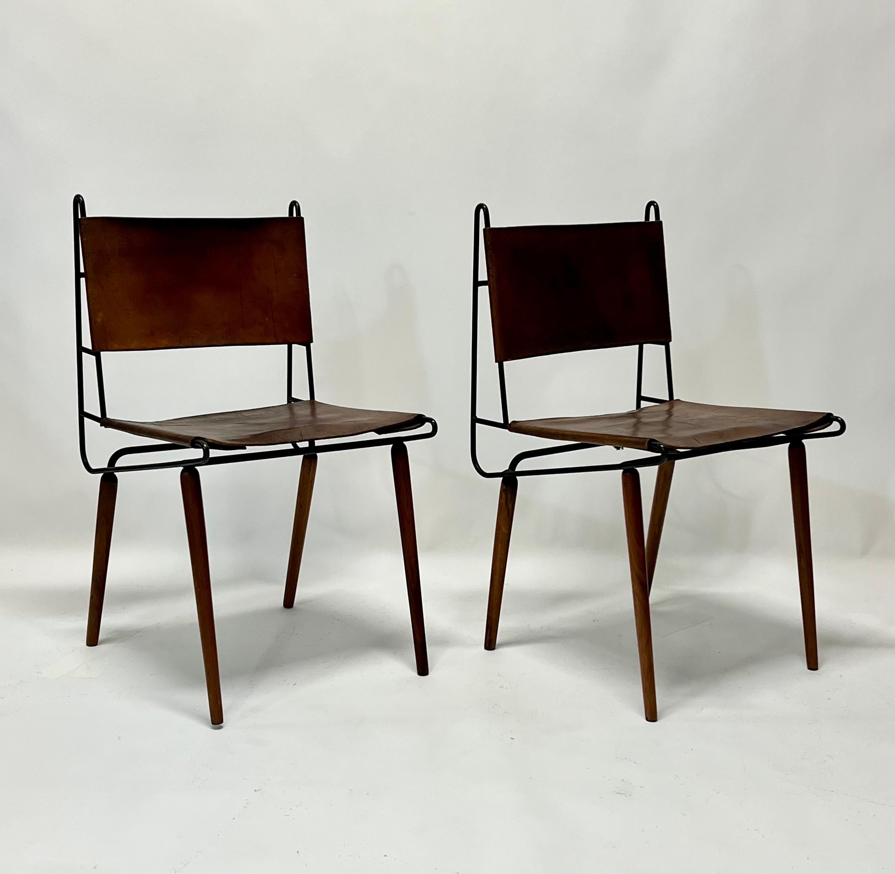Allan Gould Iron & Leather Dowel Leg Chairs, circa 1950s In Good Condition In Oakland, CA