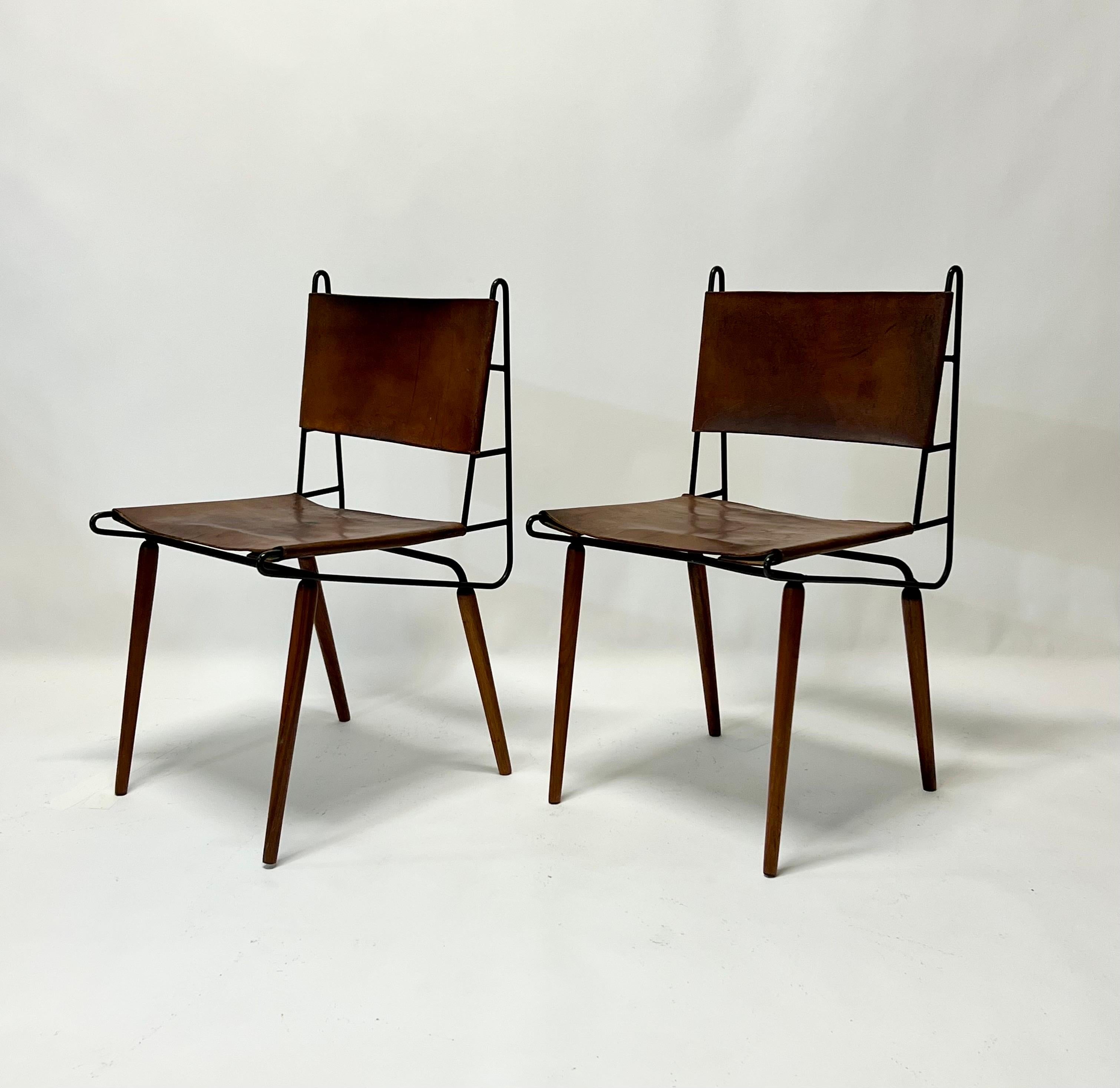 Mid-20th Century Allan Gould Iron & Leather Dowel Leg Chairs, circa 1950s