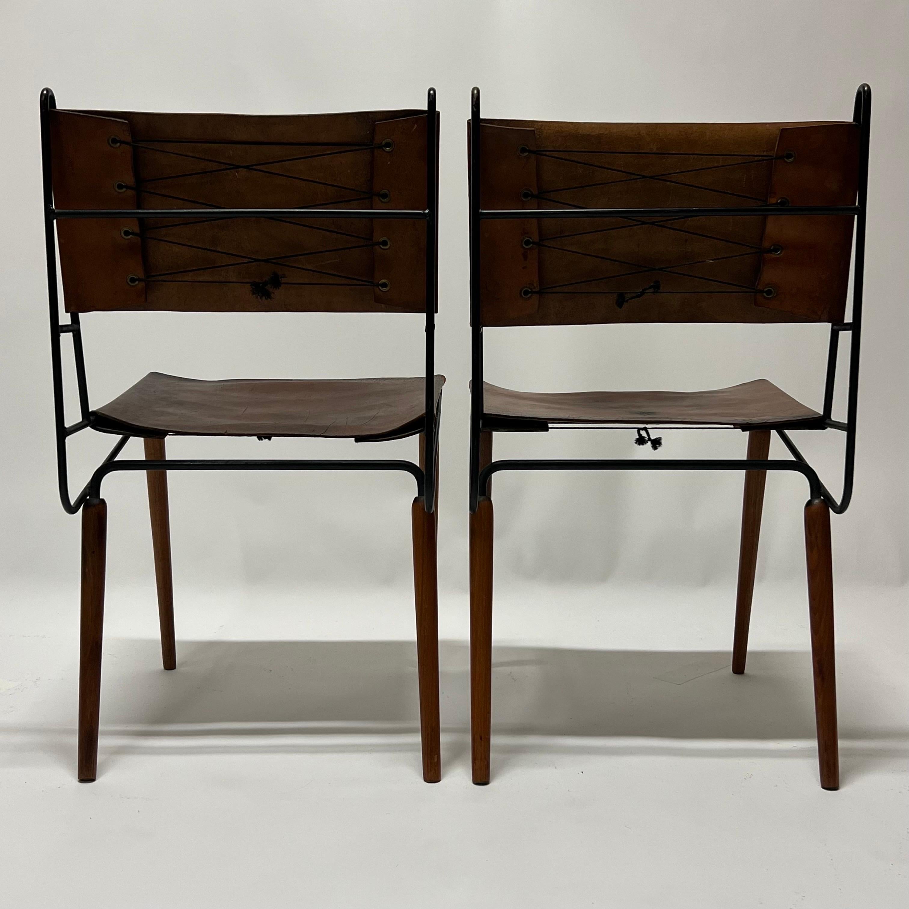 Allan Gould Iron & Leather Dowel Leg Chairs, circa 1950s 1