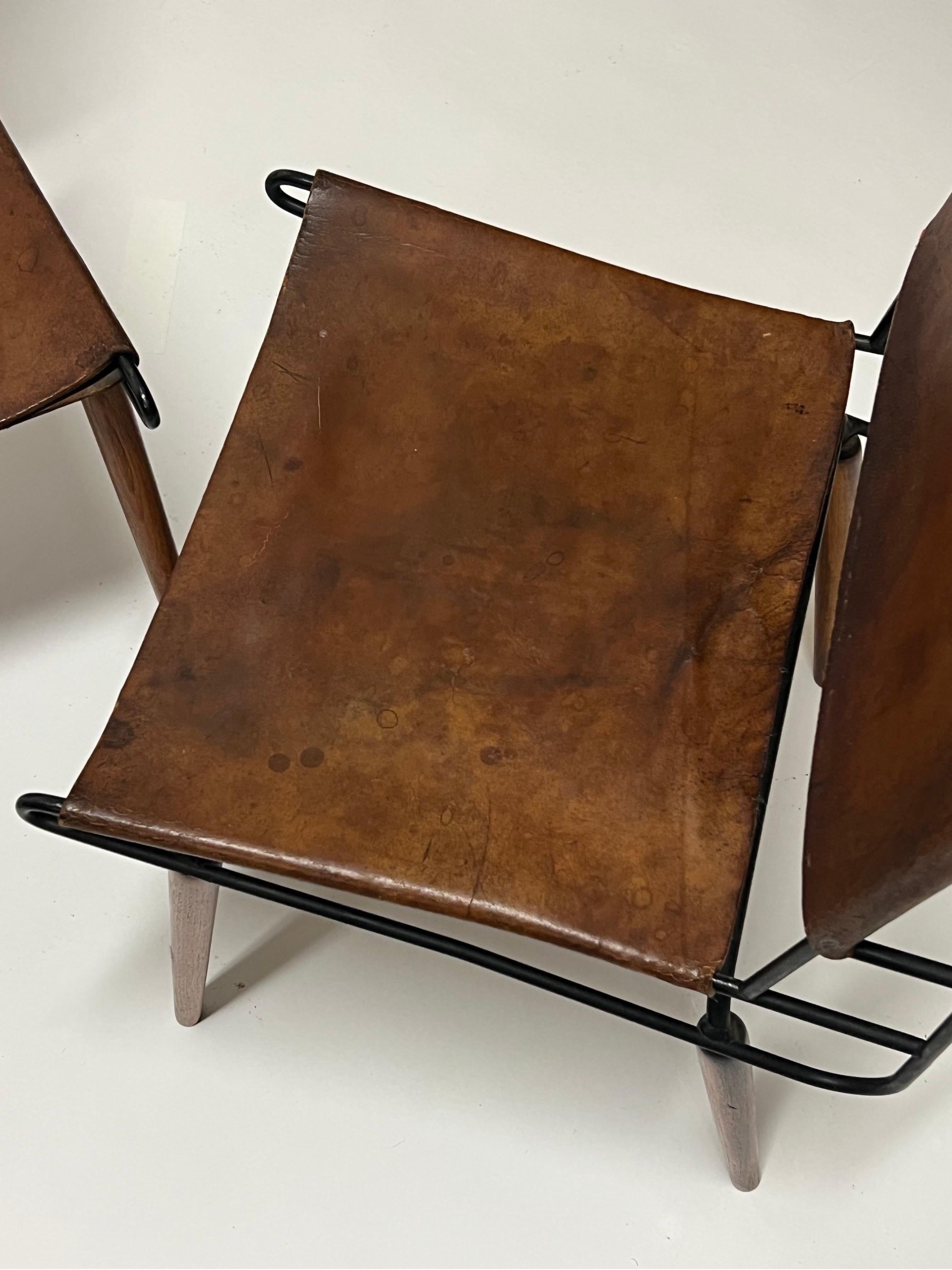 Allan Gould Iron & Leather Dowel Leg Chairs, circa 1950s 2