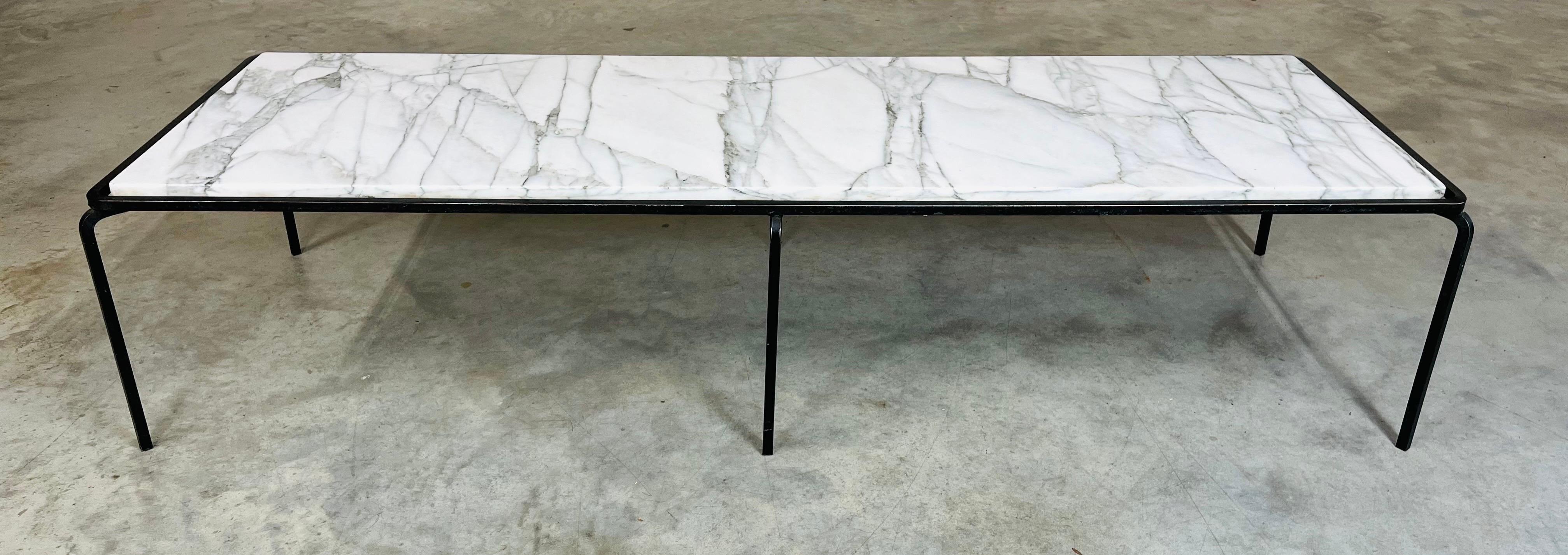 Mid-Century Modern Allan Gould Long Iron & Carrara Marble Coffee Table, USA 1950s