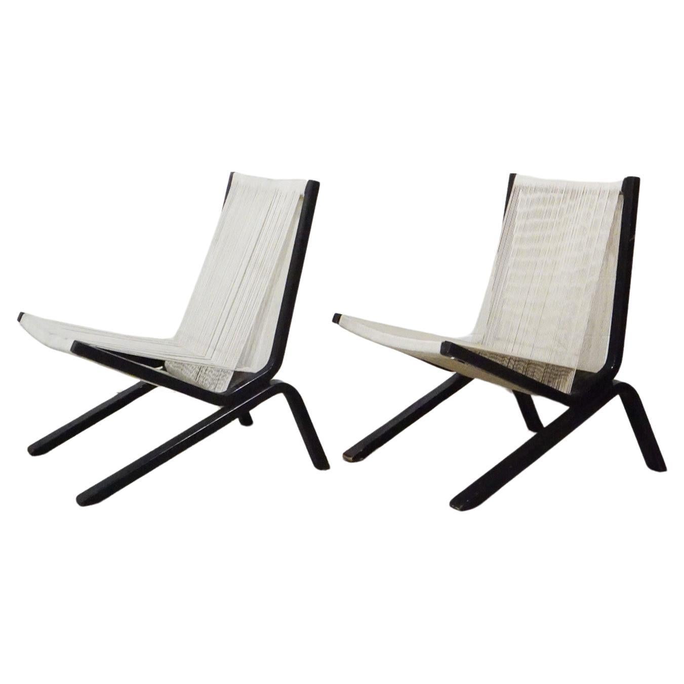 Allan Gould Rare paire de chaises longues en Wood et cordes Circa 1952