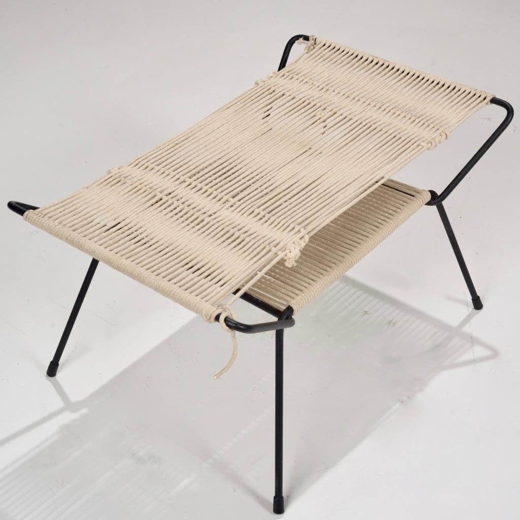 Allan Gould style wrought iron and rope ottoman.