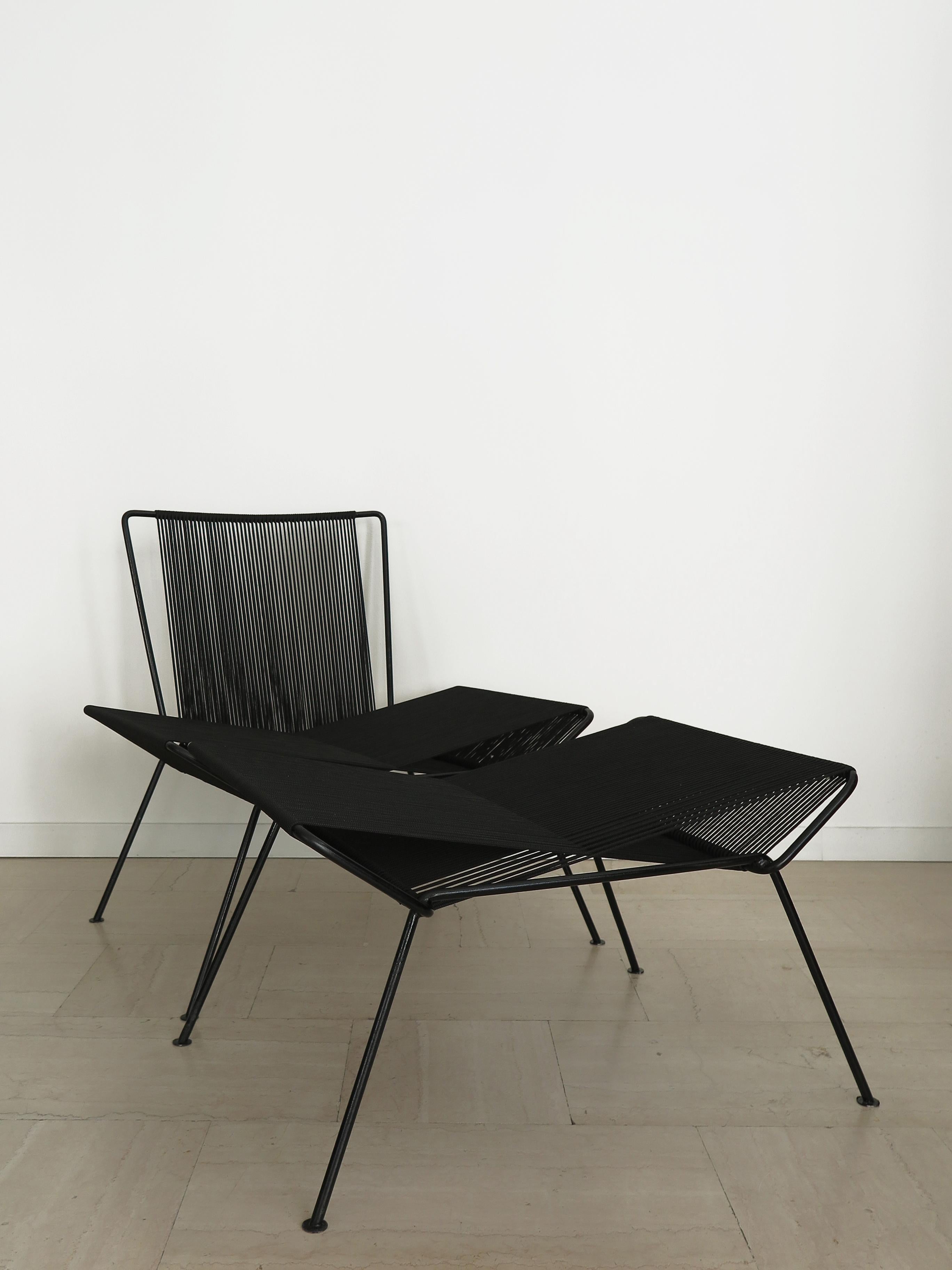 Mid-Century Modern Allan Gould Style Italian Metal Nylon Rope Armchair & Stool Set for Outdoor For Sale