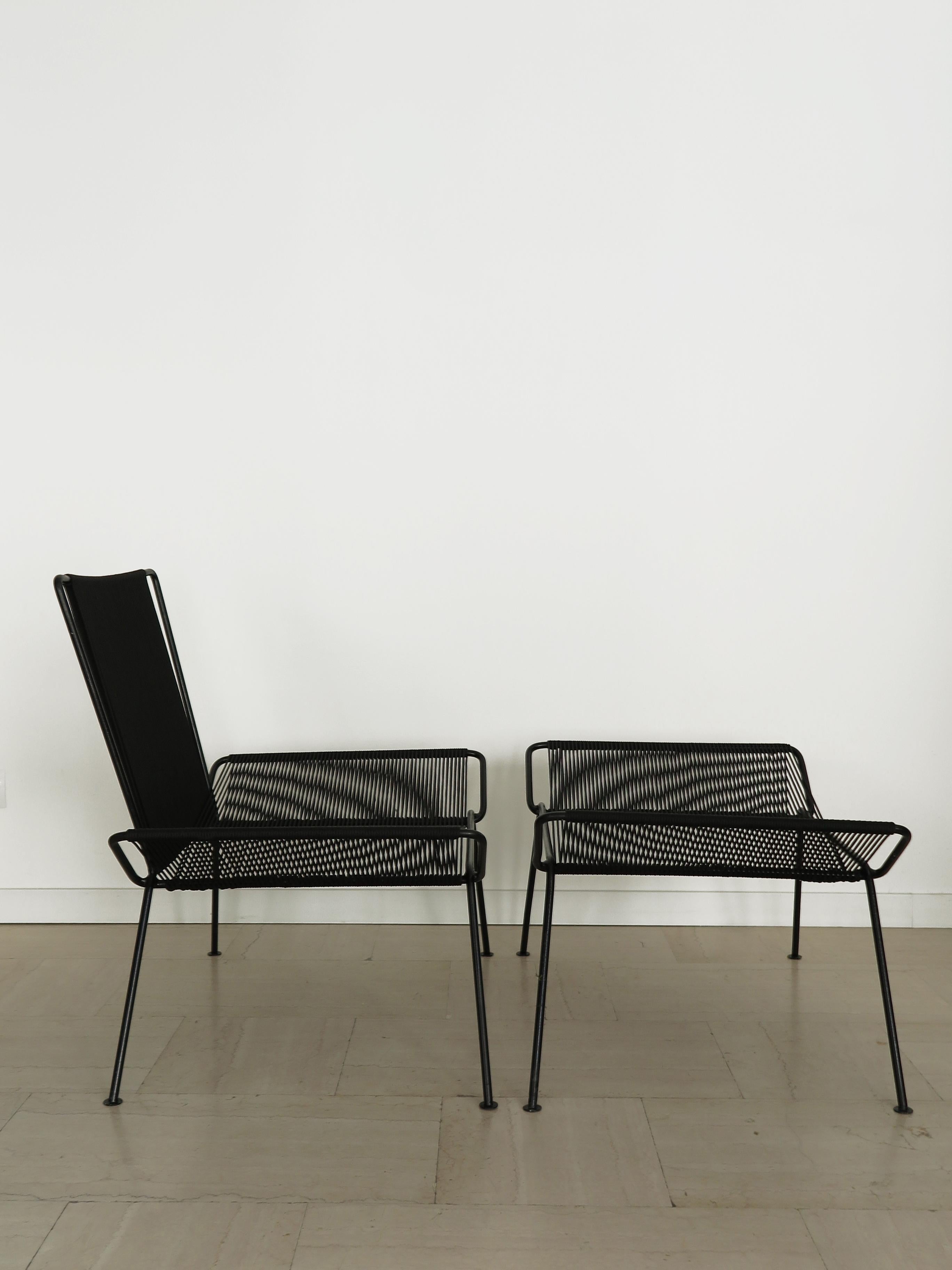 Allan Gould Style Italian Metal Nylon Rope Armchair & Stool Set for Outdoor In Excellent Condition For Sale In Reggio Emilia, IT