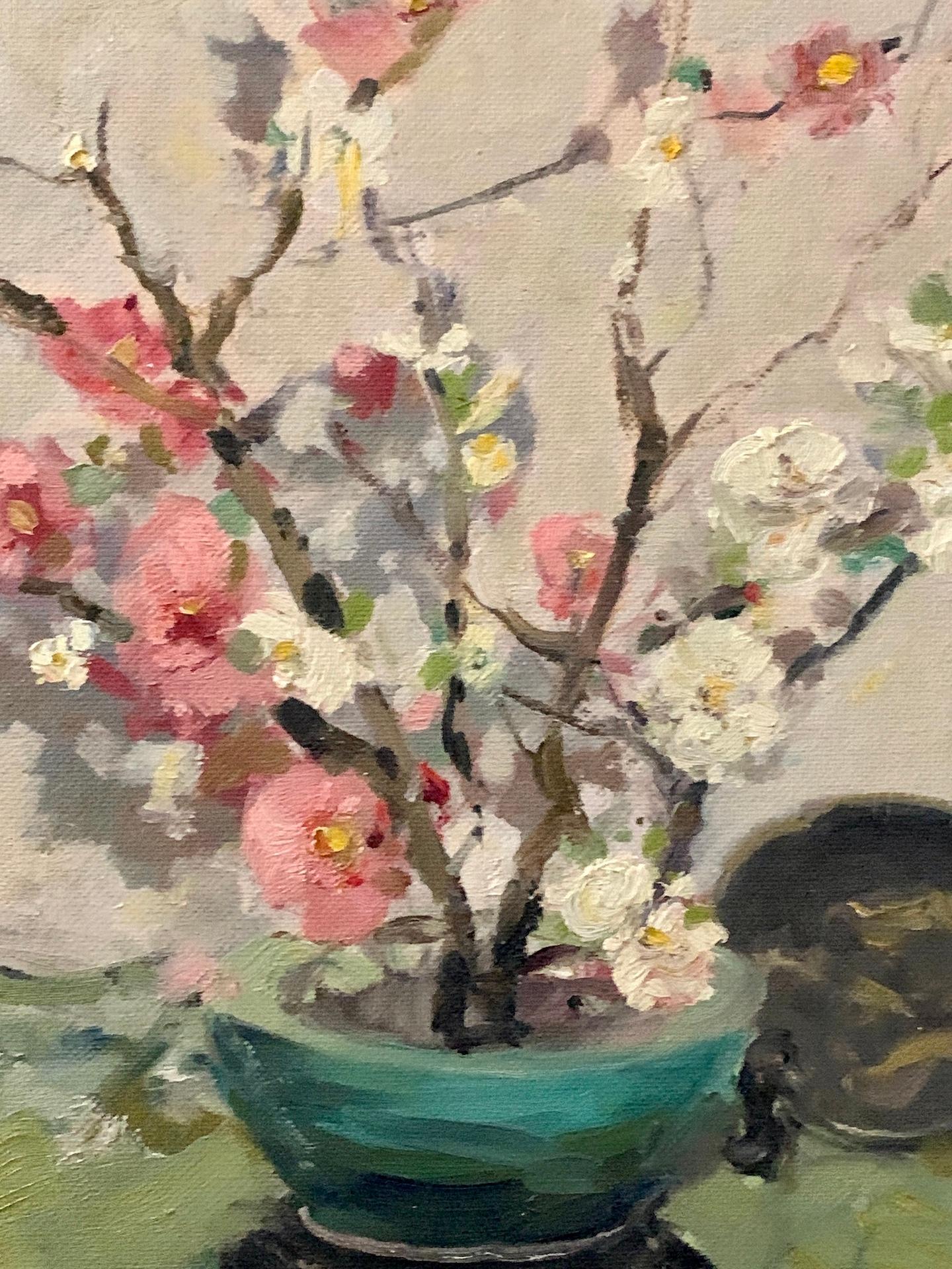Allan Hansen, Still life of of Japonica. 

Hansen was a painter of many different subjects during the middle to end  period of the 20th century.  He painted many still lives and this subject may well have been his best. 

This is an oil on artists