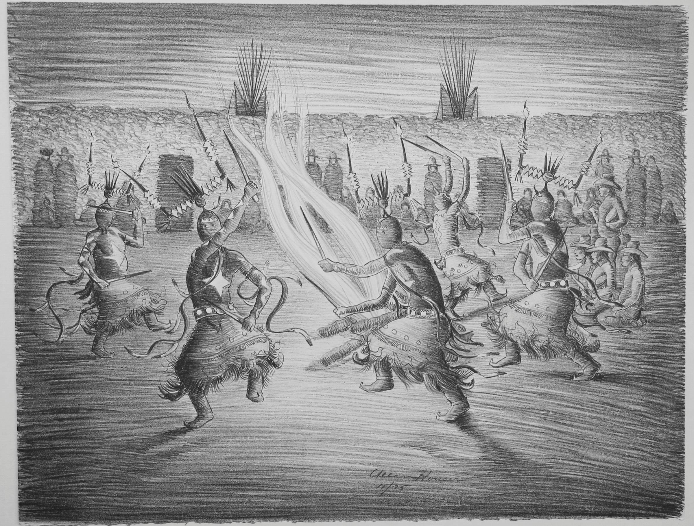 Apache Mountain Spirit Dancers, lithograph, black & white, Allan Houser