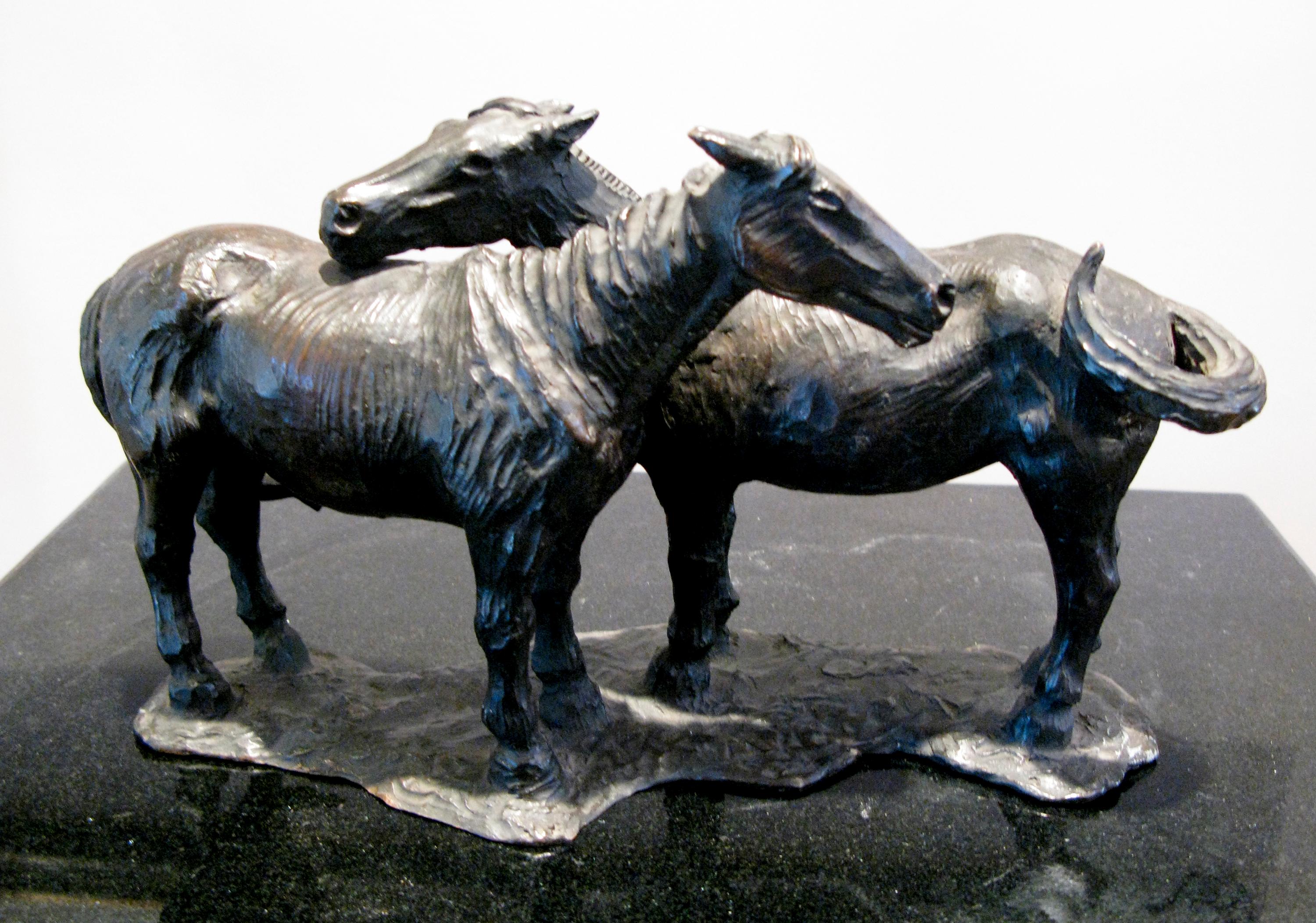 Allan Houser Figurative Sculpture - Indian Ponies, realistic bronze sculpture, dark brown patina, horses, Nambe
