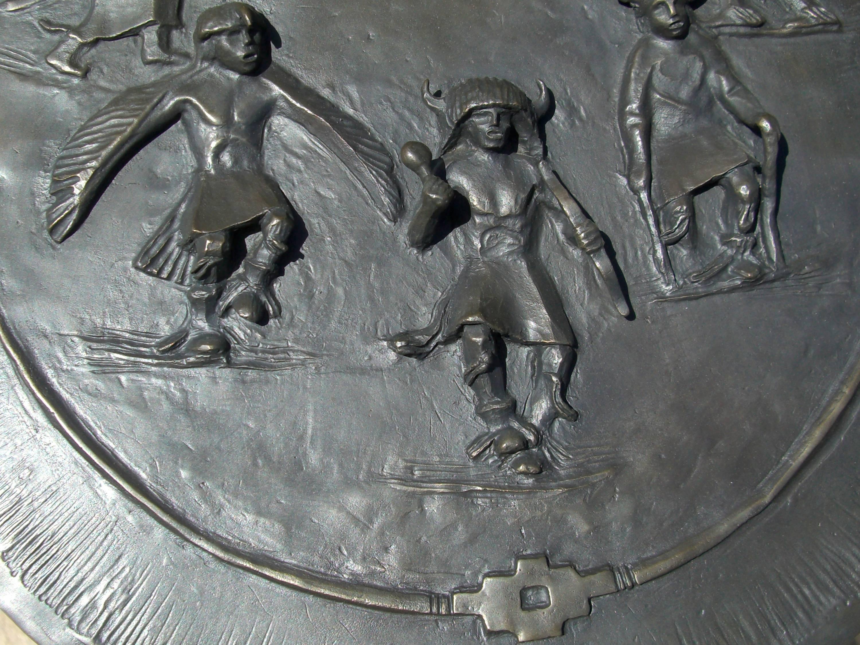 Southwest Dance Shield, Allan Houser, relief, bronze, Contemporary Native art

Allan Houser
SOUTHWEST DANCE SHIELD
bronze edition 24 ©1976
14.5