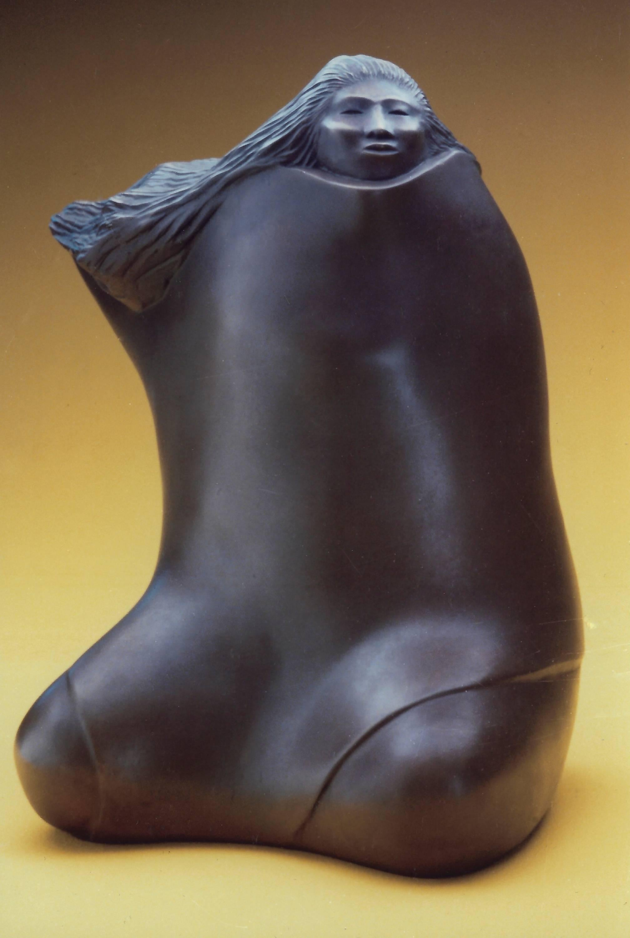 Thinking of Him, Allan Houser brown bronze sculpture, seated woman flowing hair   2