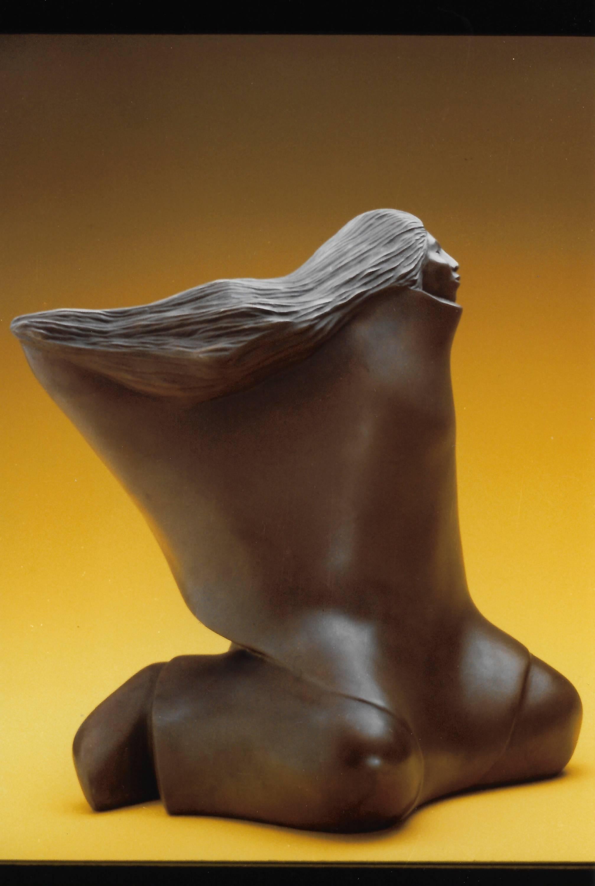 Thinking of Him, Allan Houser brown bronze sculpture, seated woman flowing hair   1