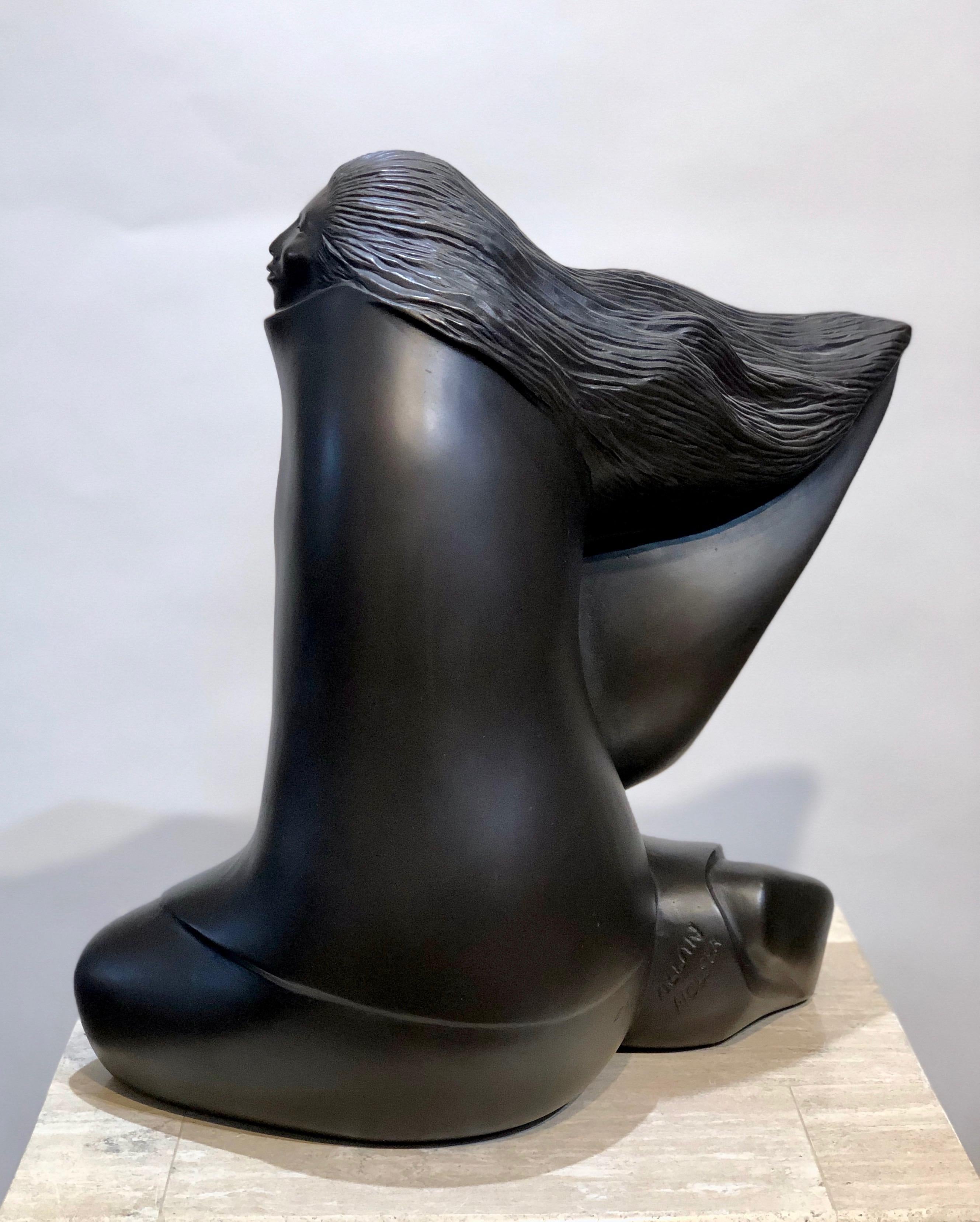 Thinking of Him, Allan Houser brown bronze sculpture, seated woman flowing hair   5