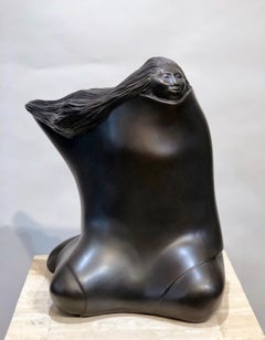 Thinking of Him, Allan Houser brown bronze sculpture, seated woman flowing hair  