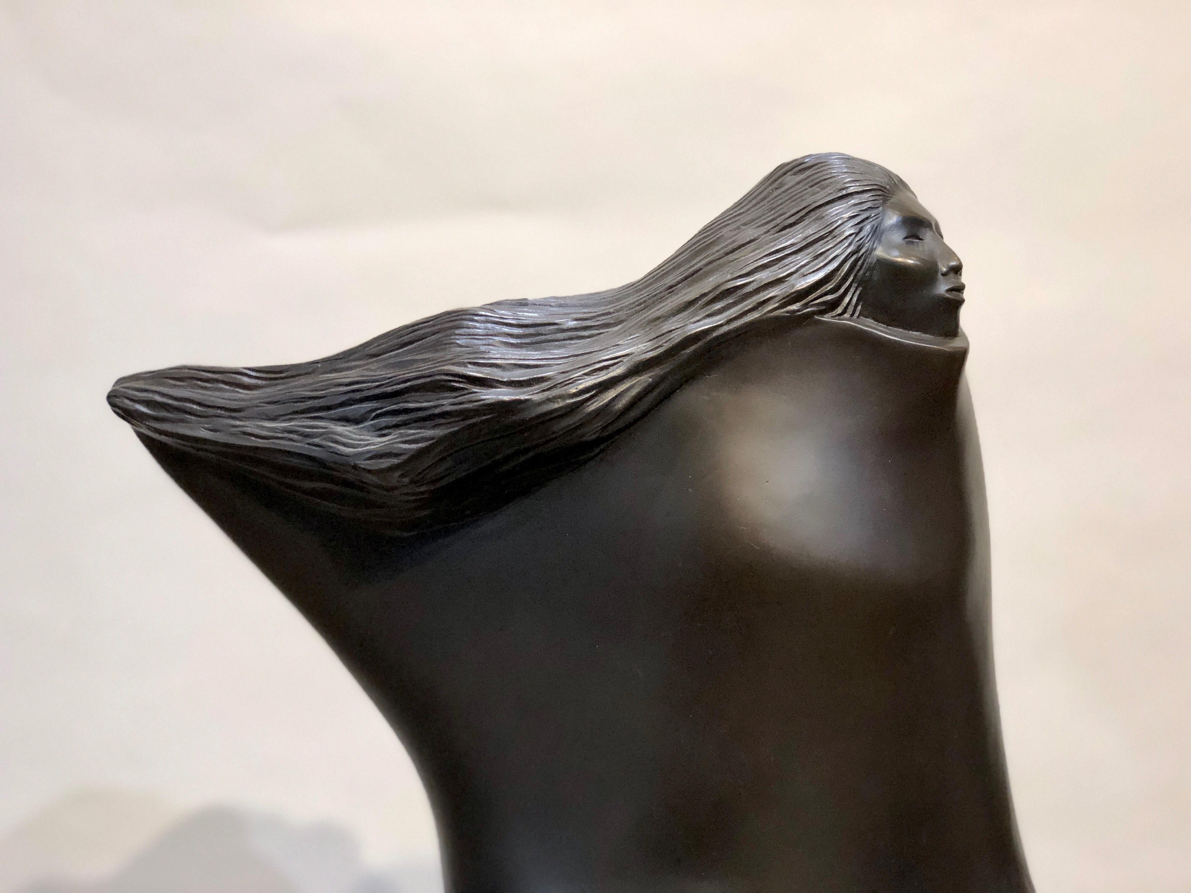 Thinking of Him, Allan Houser brown bronze sculpture, seated woman flowing hair   7