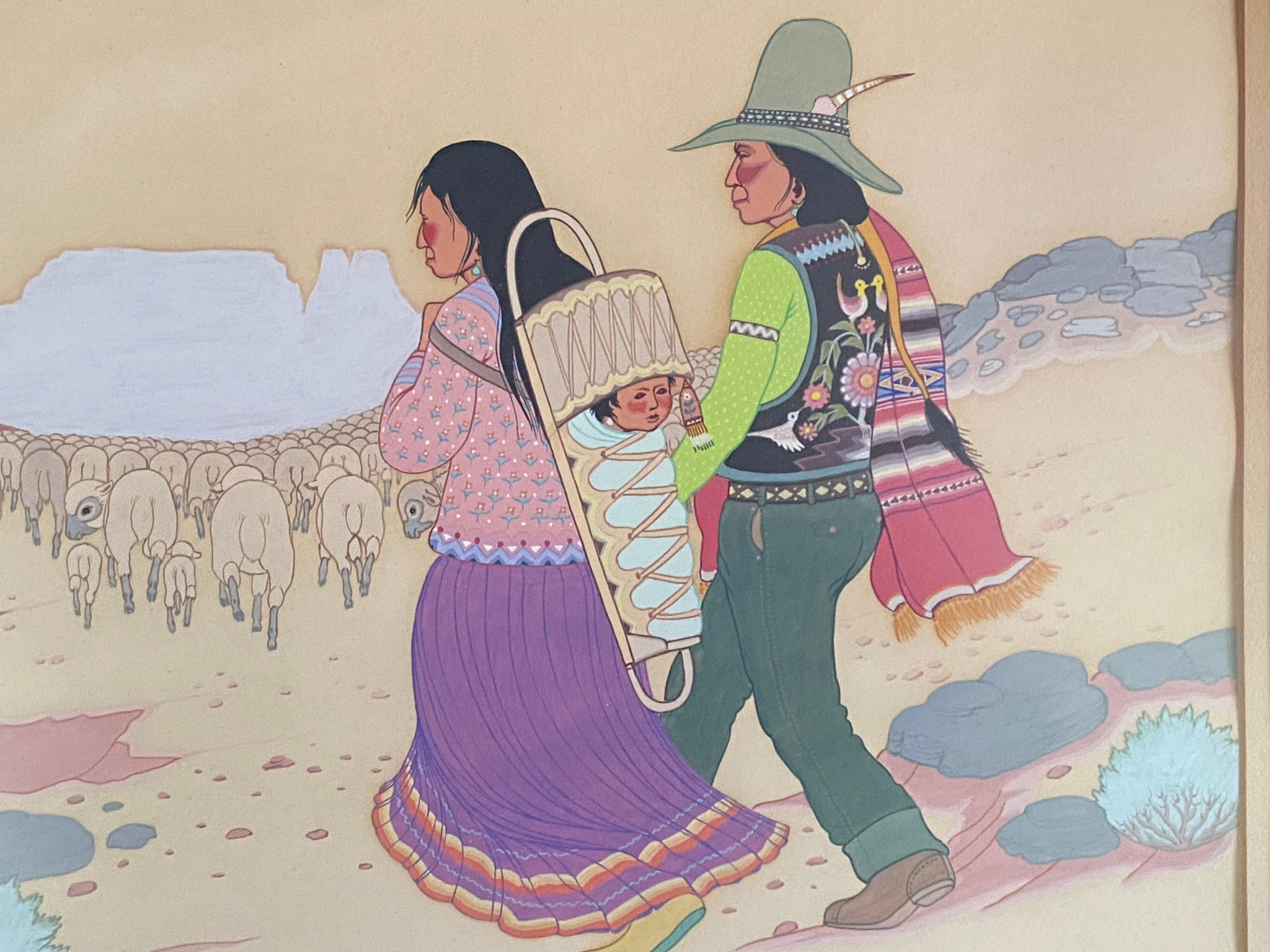 Apache Family Herding Sheep, by Allan Houser, 1945, painting, Apache, landscape For Sale 1