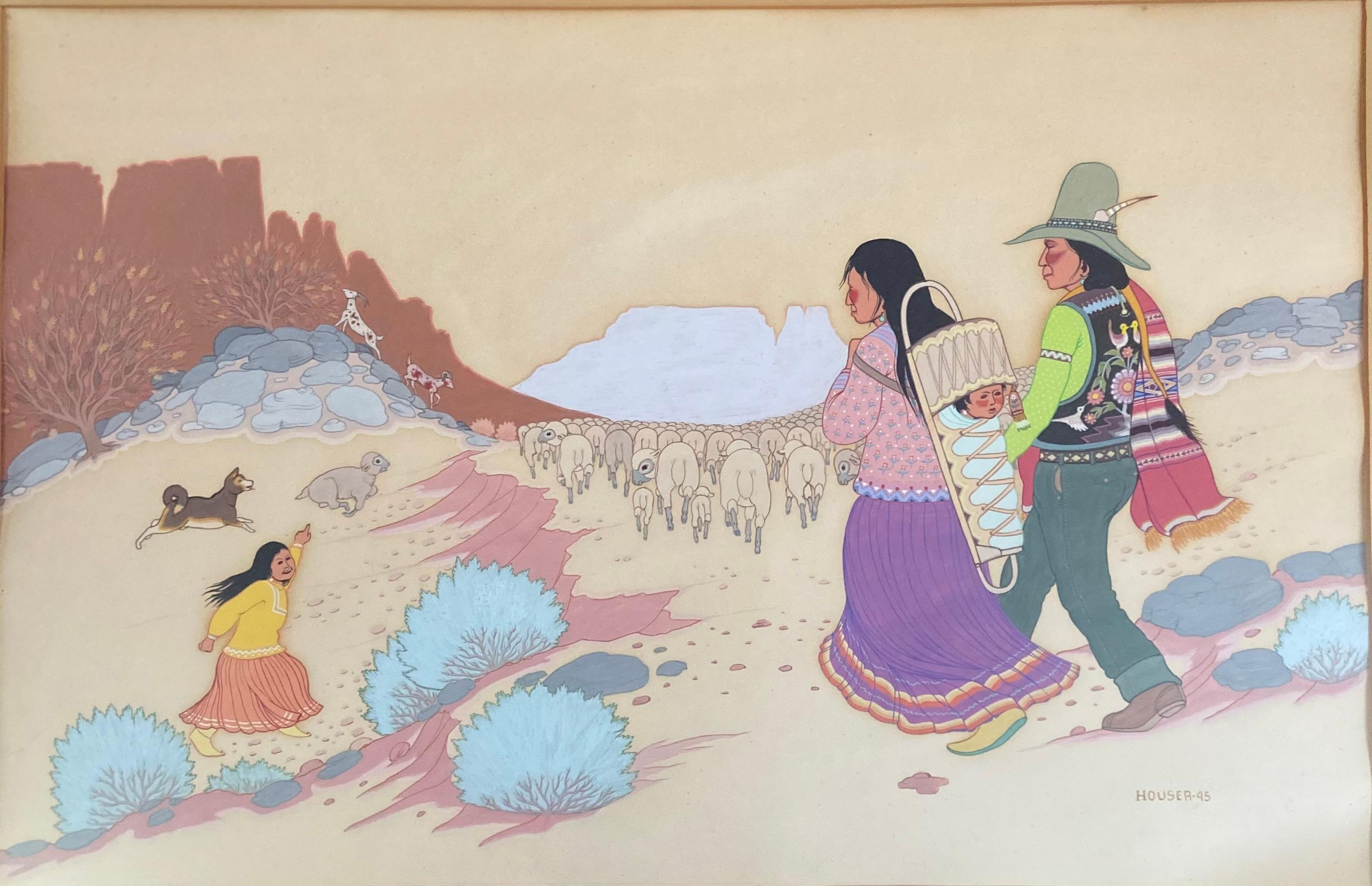 Apache Family Herding Sheep, by Allan Houser, 1945, painting, Apache, landscape 2