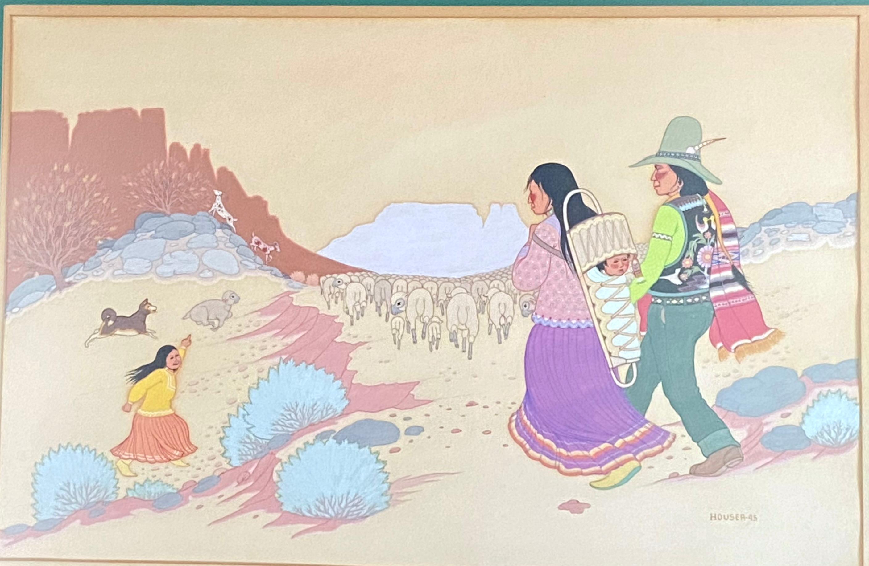 Apache Family Herding Sheep, by Allan Houser, 1945, painting, Navajo, Apache, landscape