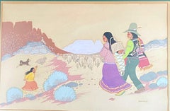 Apache Family Herding Sheep, by Allan Houser, 1945, painting, Apache, landscape