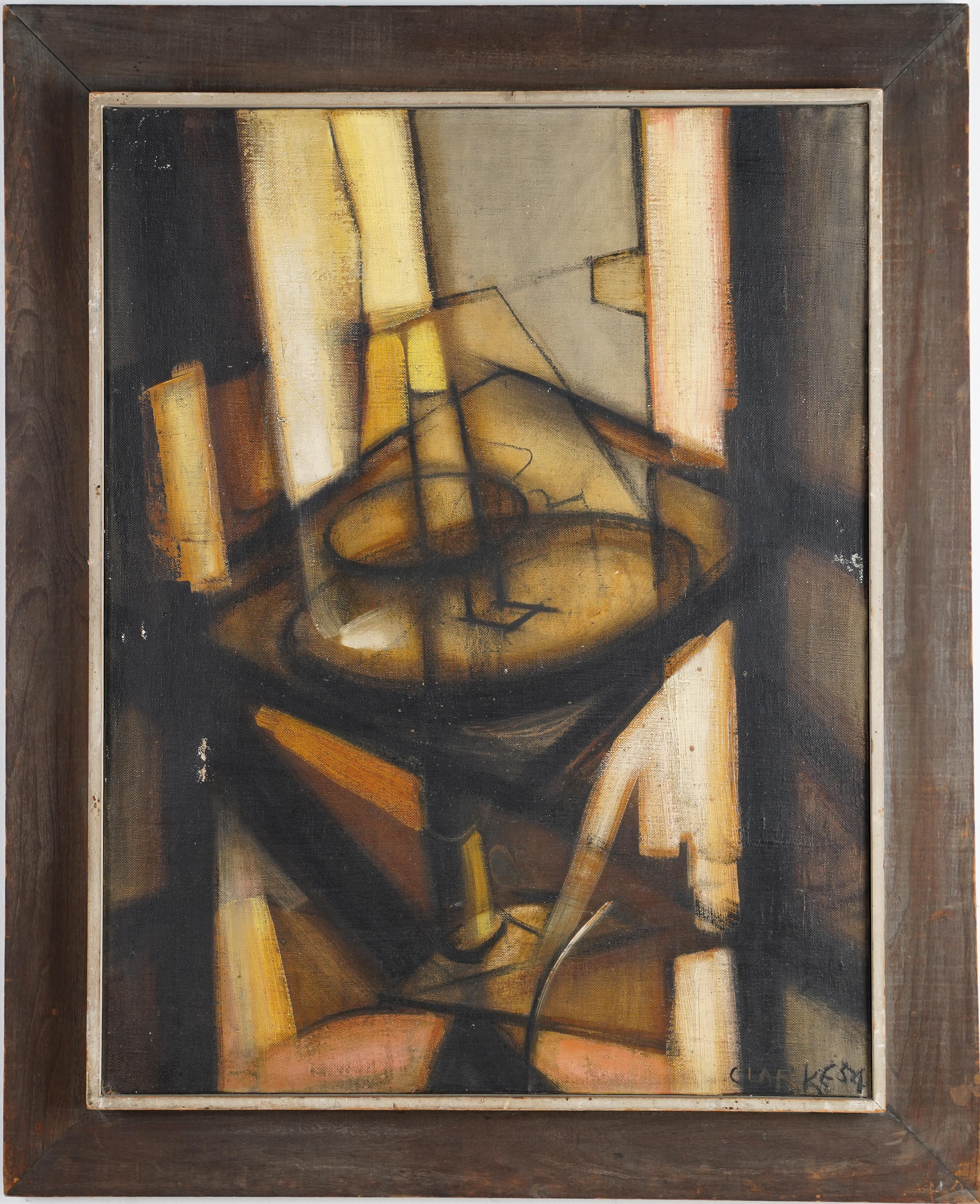 Allan Hugh Clarke Abstract Painting - Machine #5 Period Mid Century Abstract Interior View Cubist Signed Oil Painting