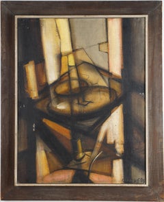 Machine #5 Period Mid Century Abstract Interior View Cubist Signed Oil Painting