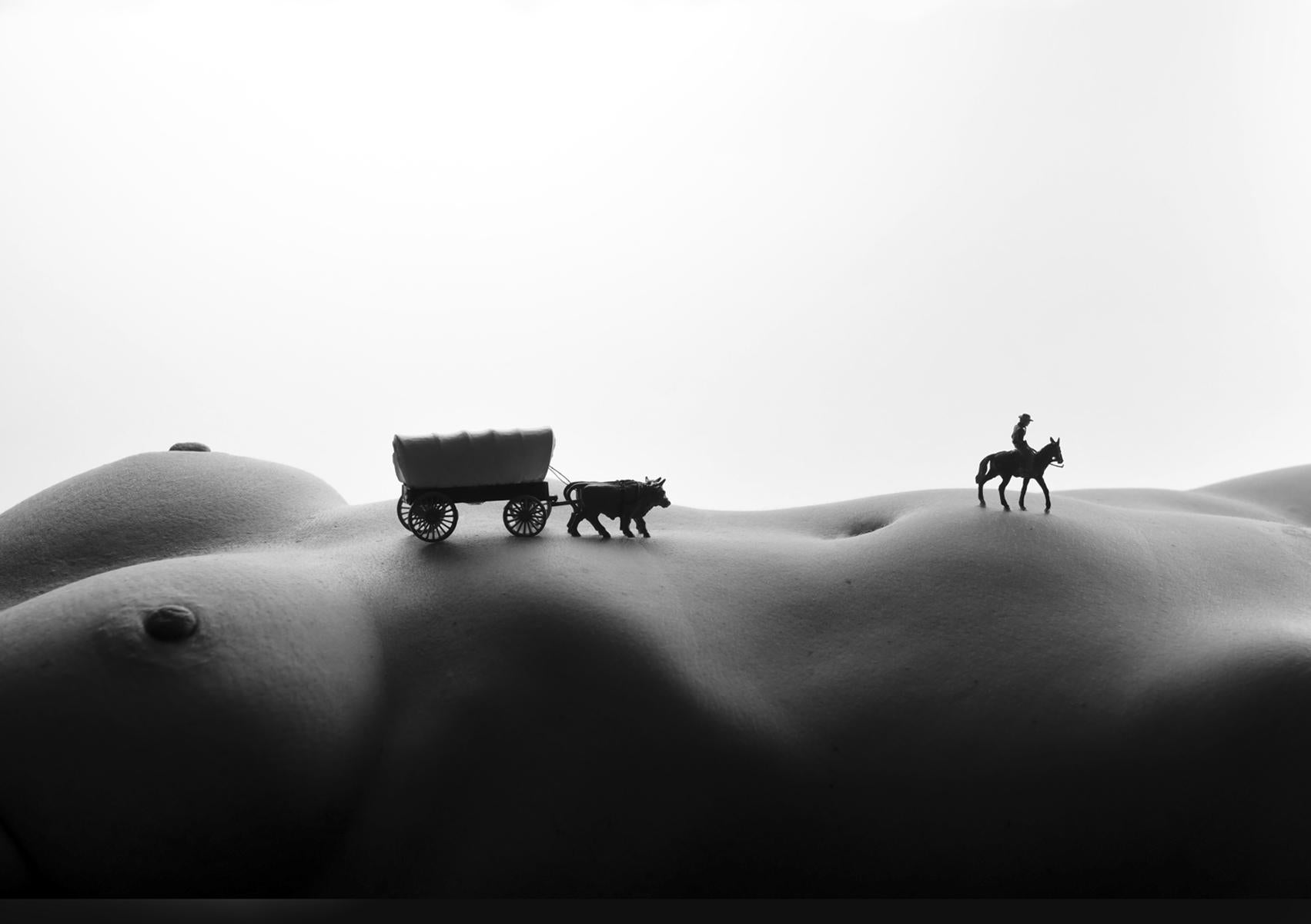 Wagon Conastoga - photographie en noir et blanc