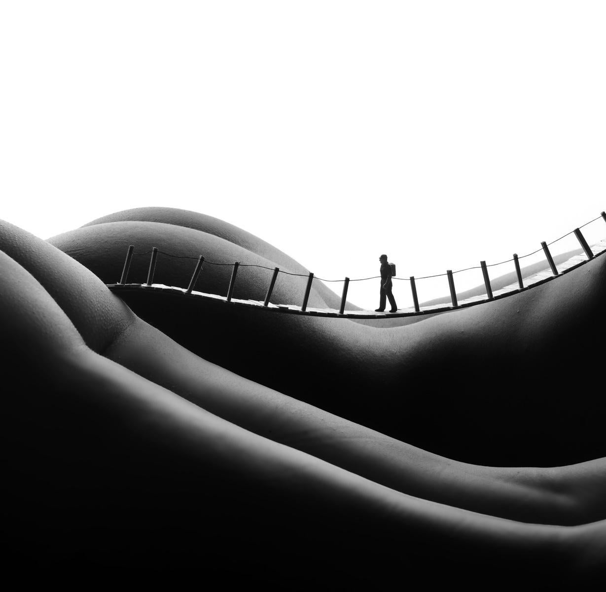 Footbridge - black and white photography - Photograph by Allan I. Teger