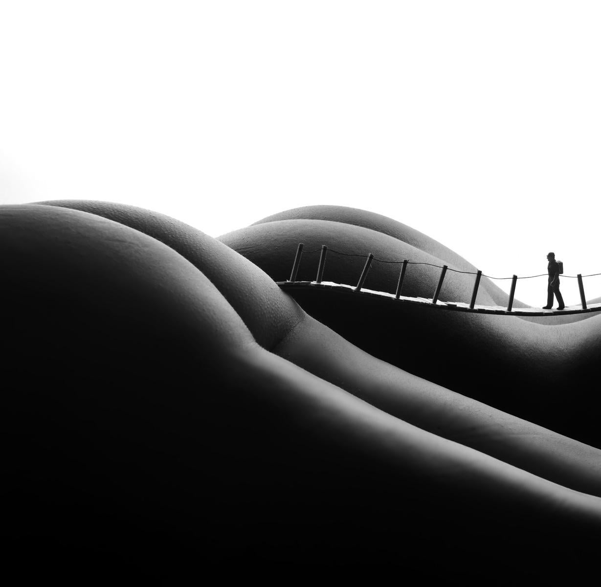 Footbridge - black and white photography - Black Black and White Photograph by Allan I. Teger
