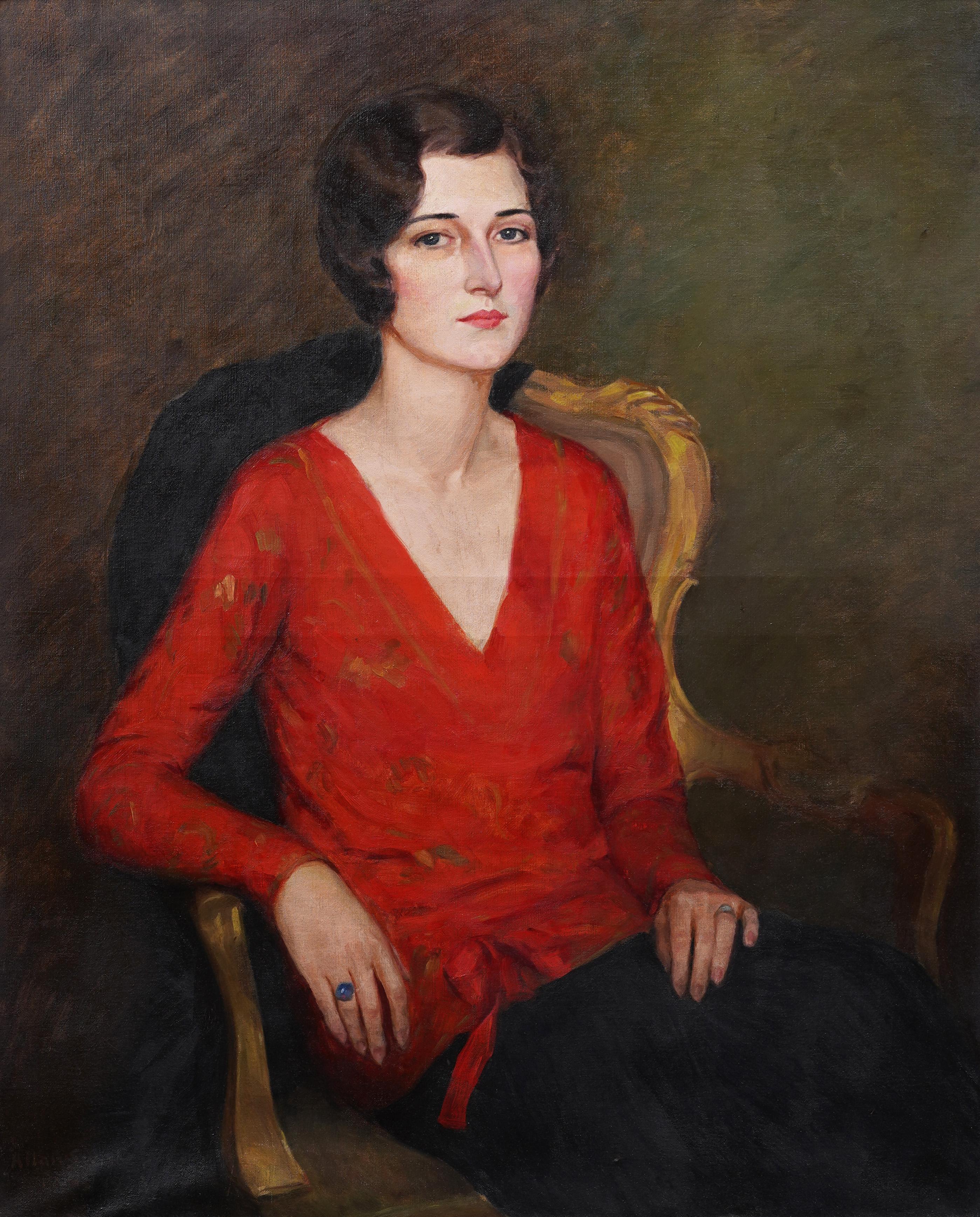 Cuadro al óleo grande, elegante, antiguo y seductor retrato americano de mujer enmarcado - Painting Realista de Allan Lee Swisher