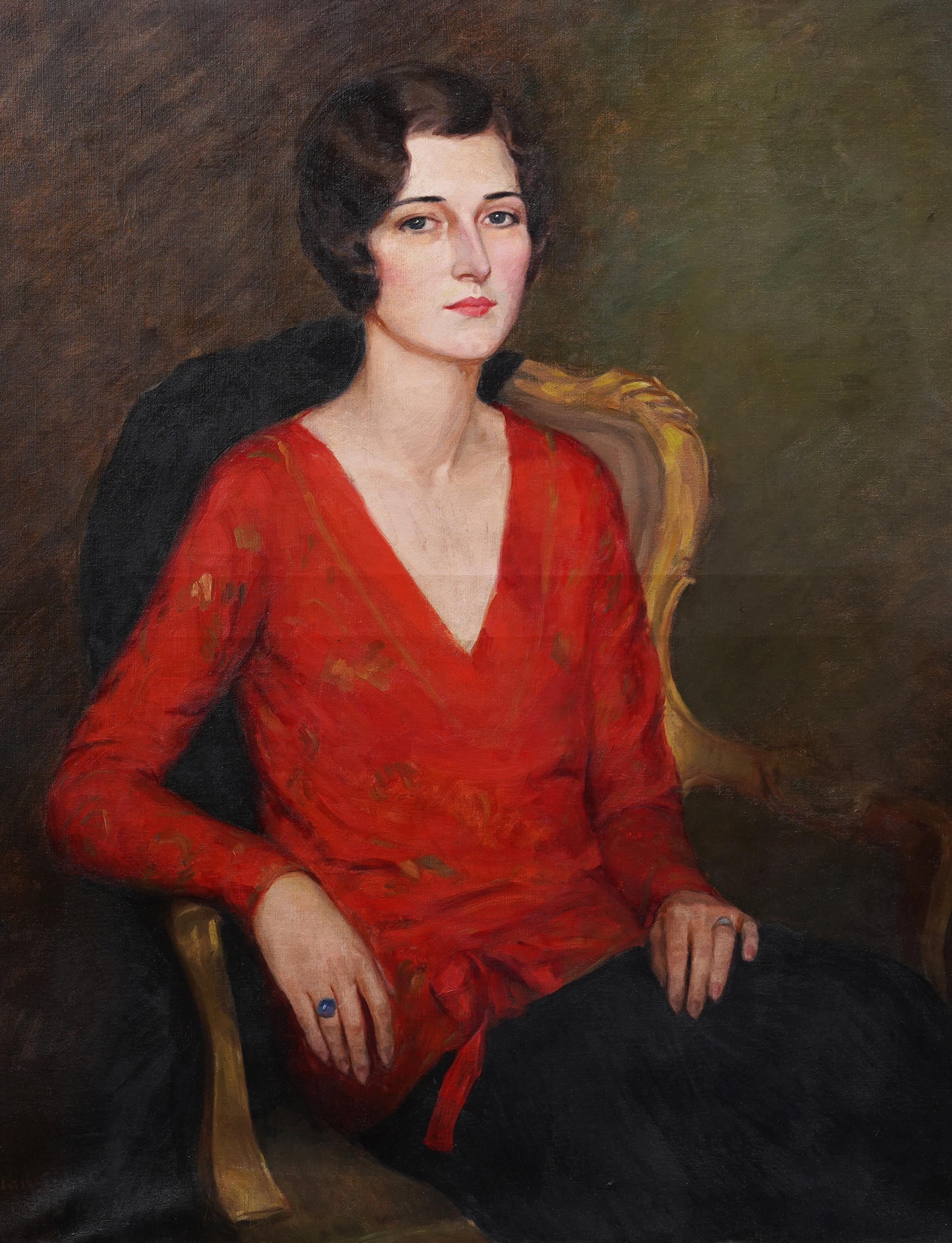 Cuadro al óleo grande, elegante, antiguo y seductor retrato americano de mujer enmarcado - Interior Painting Marrón de Allan Lee Swisher