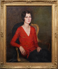 Cuadro al óleo grande, elegante, antiguo y seductor retrato americano de mujer enmarcado