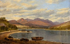 Antique Scottish Highland Loch Landscape with Fishing Boats & Mountain View