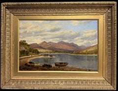 Antique Scottish Highland Loch Landscape with Fishing Boats & Mountain View