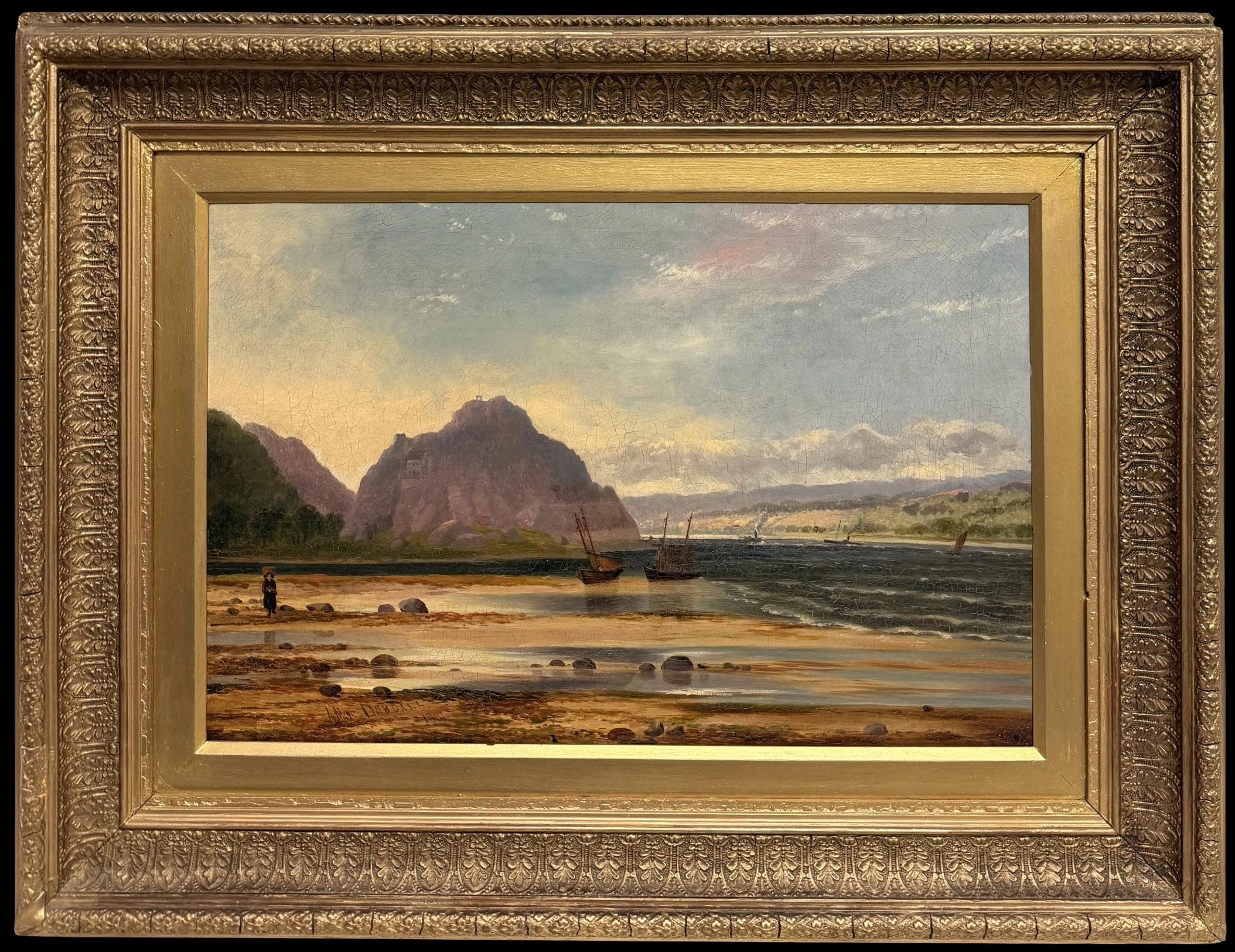 Allan Mac Dougall Figurative Painting - Antique Scottish Oil Dumbarton Rock River Clyde with Boats & Figures at Low Tide