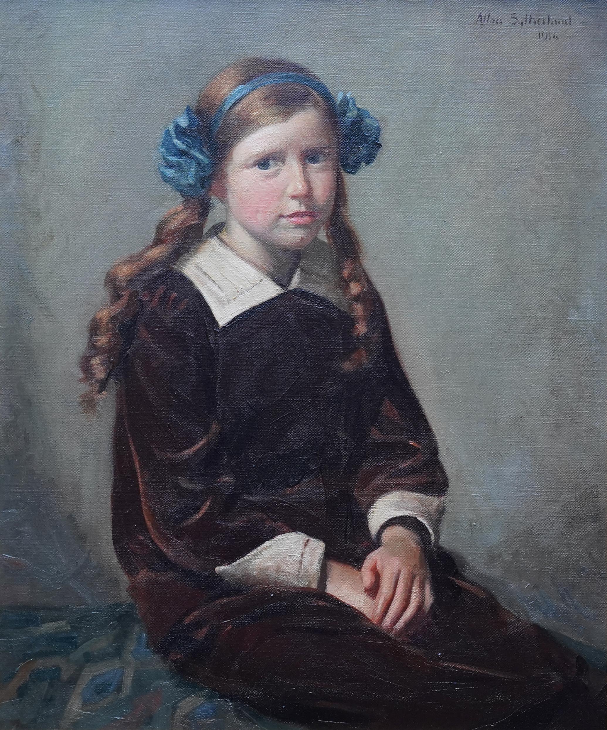 Portrait of a Young Girl with Hairband - Scottish 1914 art oil painting For Sale 4