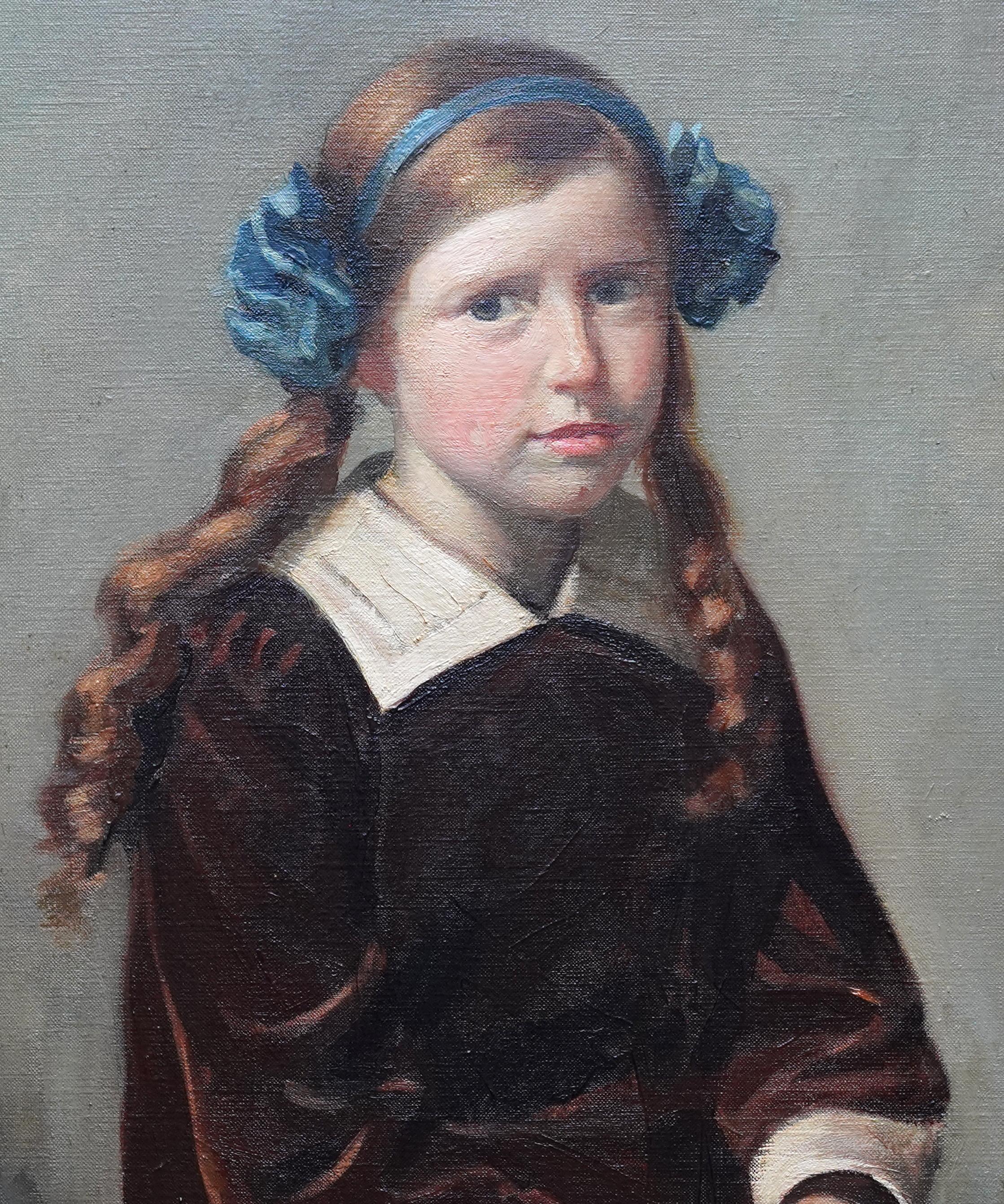 Porträt eines jungen Mädchens mit Haarband – schottisches Ölgemälde von 1914 im Angebot 1