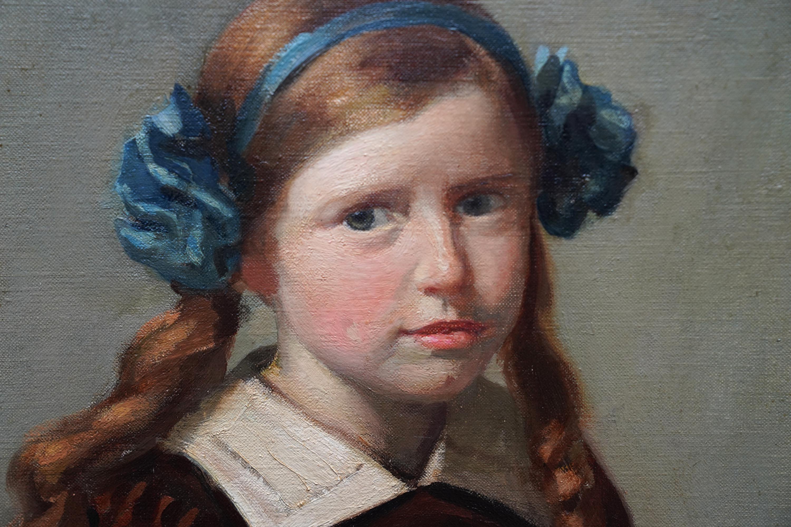 This lovely portrait oil painting is by Scottish exhibited artist Allan Newton Sutherland. It was painted in 1914 and is a seated portrait of a young Scottish girl with auburn hair and a blue hair band with flowers. A very sweet painting and a
